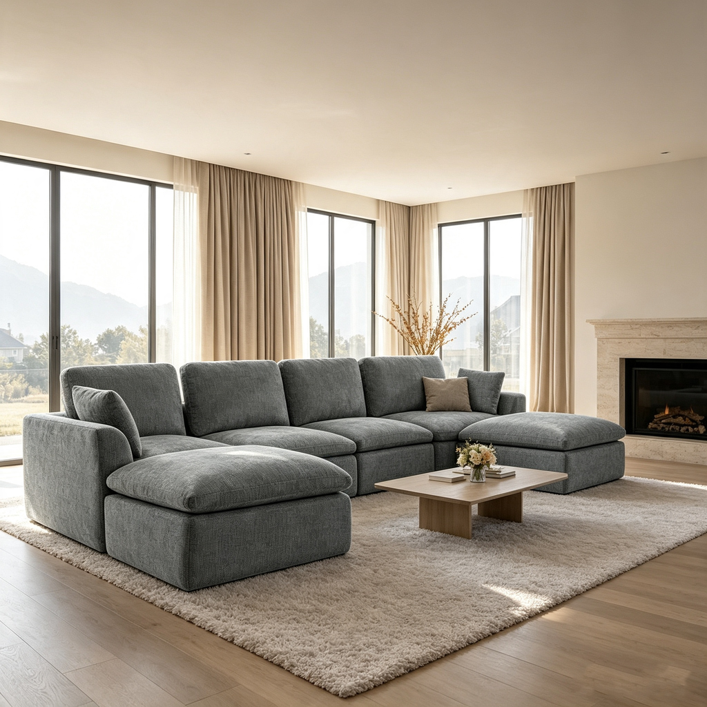 143" 4-Seater Cloud Sofa with 2 Movable Ottoman, Deep Seat Modelar Sectional Sofa with Memory Foam, Soft Chenille Fabric, Plush Comfy Sofa for Living Room, Dark Gray