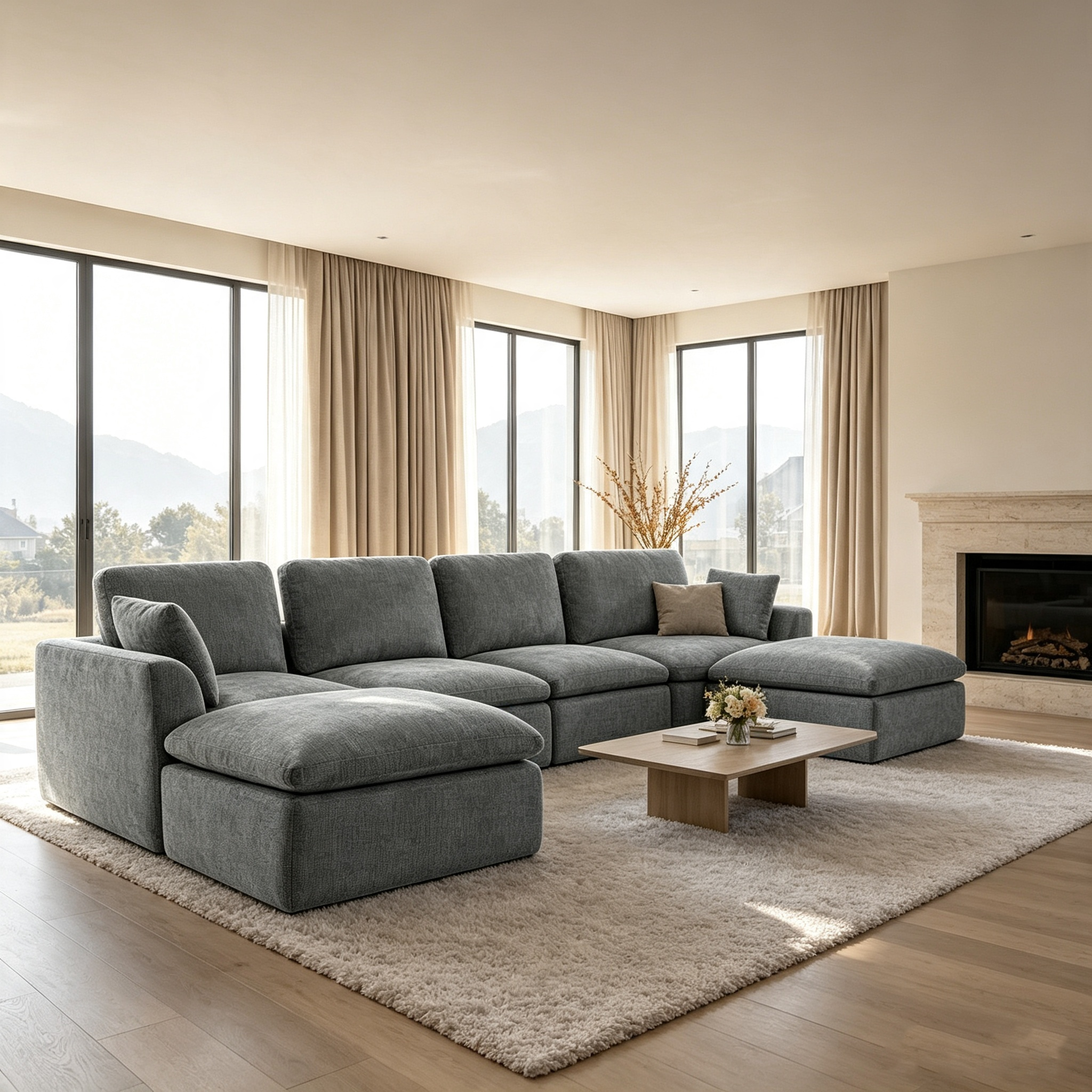 143" 4-Seater Cloud Sofa with 2 Movable Ottoman, Deep Seat Modelar Sectional Sofa with Memory Foam, Soft Chenille Fabric, Plush Comfy Sofa for Living Room, Dark Gray