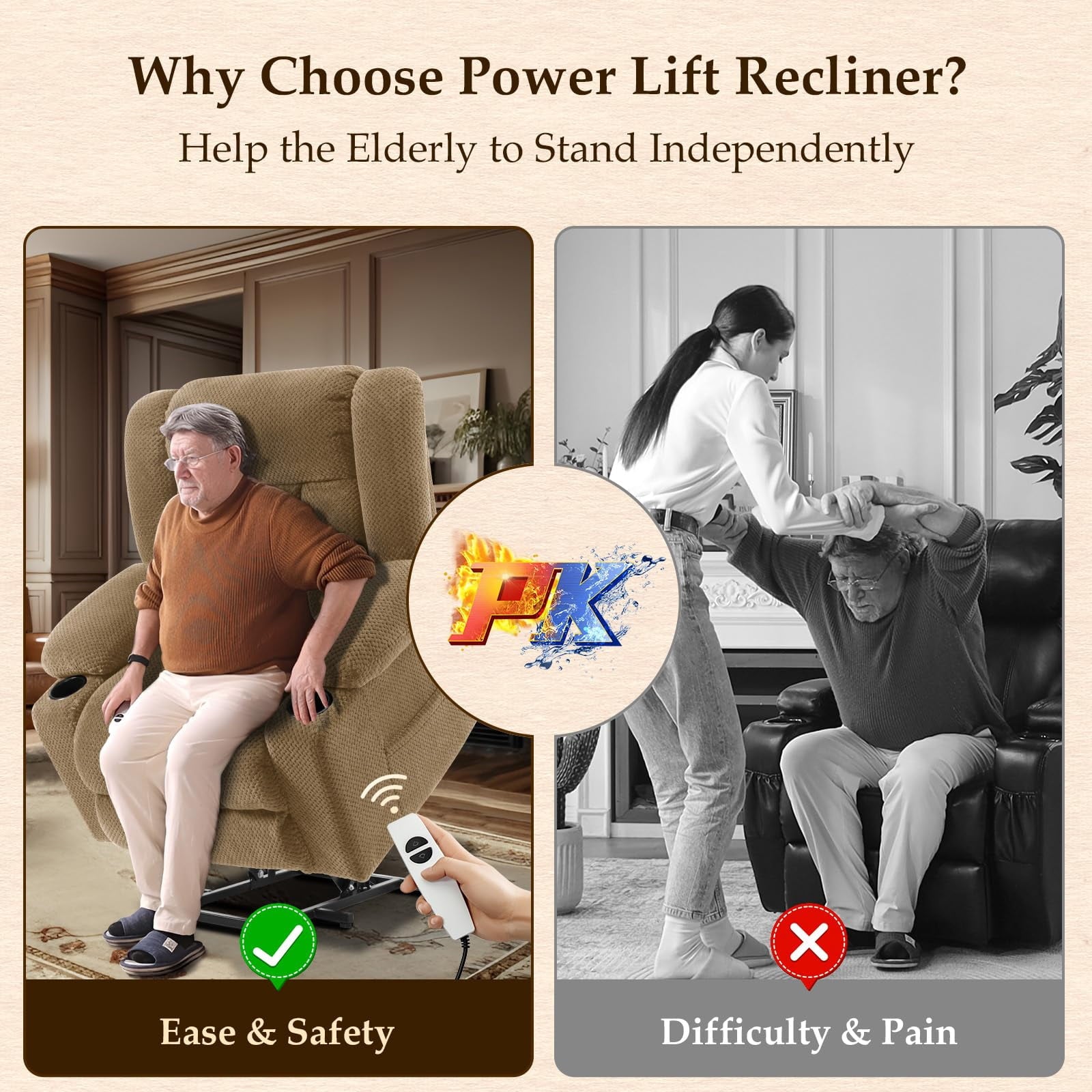 Large-Wide Power Lift Recliner Chair for Elderly, Big and Tall, Heat and Massage, Lift Chairs Recliners with Extended Footrest, Remote Control, 2 Cup Holders