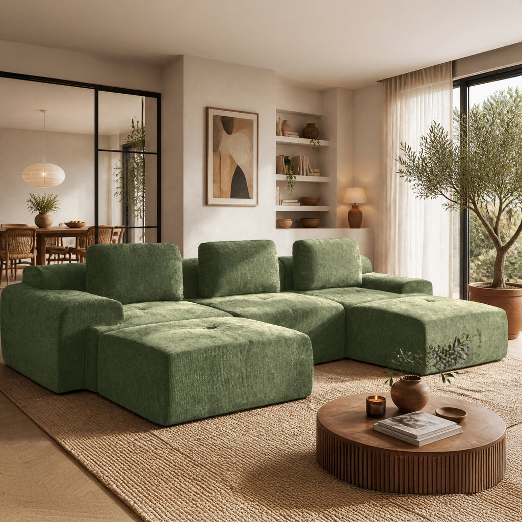 122" Modular Sectional Sofa U-Shaped Oversized Cloud Couch with High Back & Extra Deep Seat, No Assembly Required, Plush Chenille, 5 Seat, Green