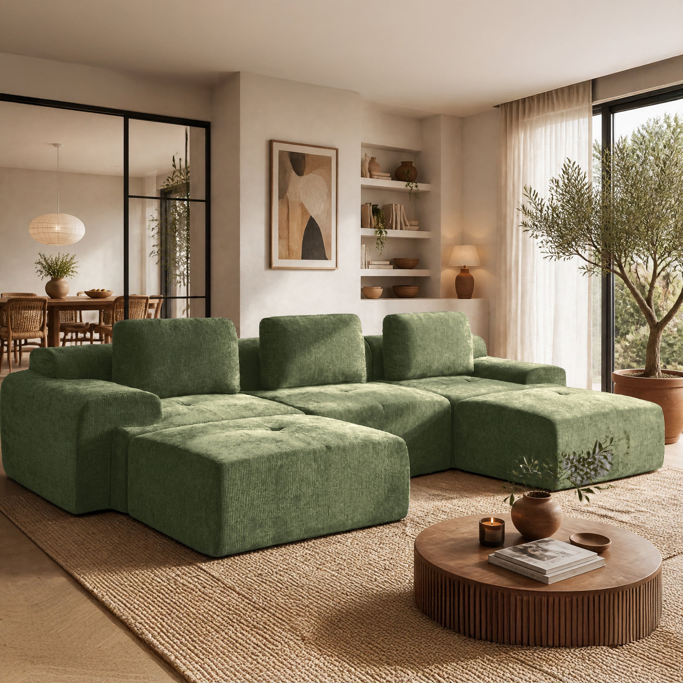 122" Modular Sectional Sofa U-Shaped Oversized Cloud Couch with High Back & Extra Deep Seat, No Assembly Required, Plush Chenille, 5 Seat, Green