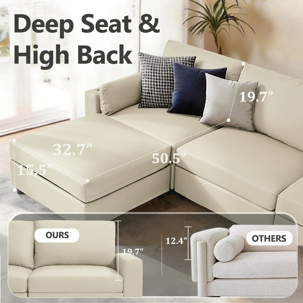 Modular Sofa Ottoman with Storage, Removable Faux Leather Cover Footrest Stool, Upholstered Storage Ottoman for Living Room Sectional Couch,Beige