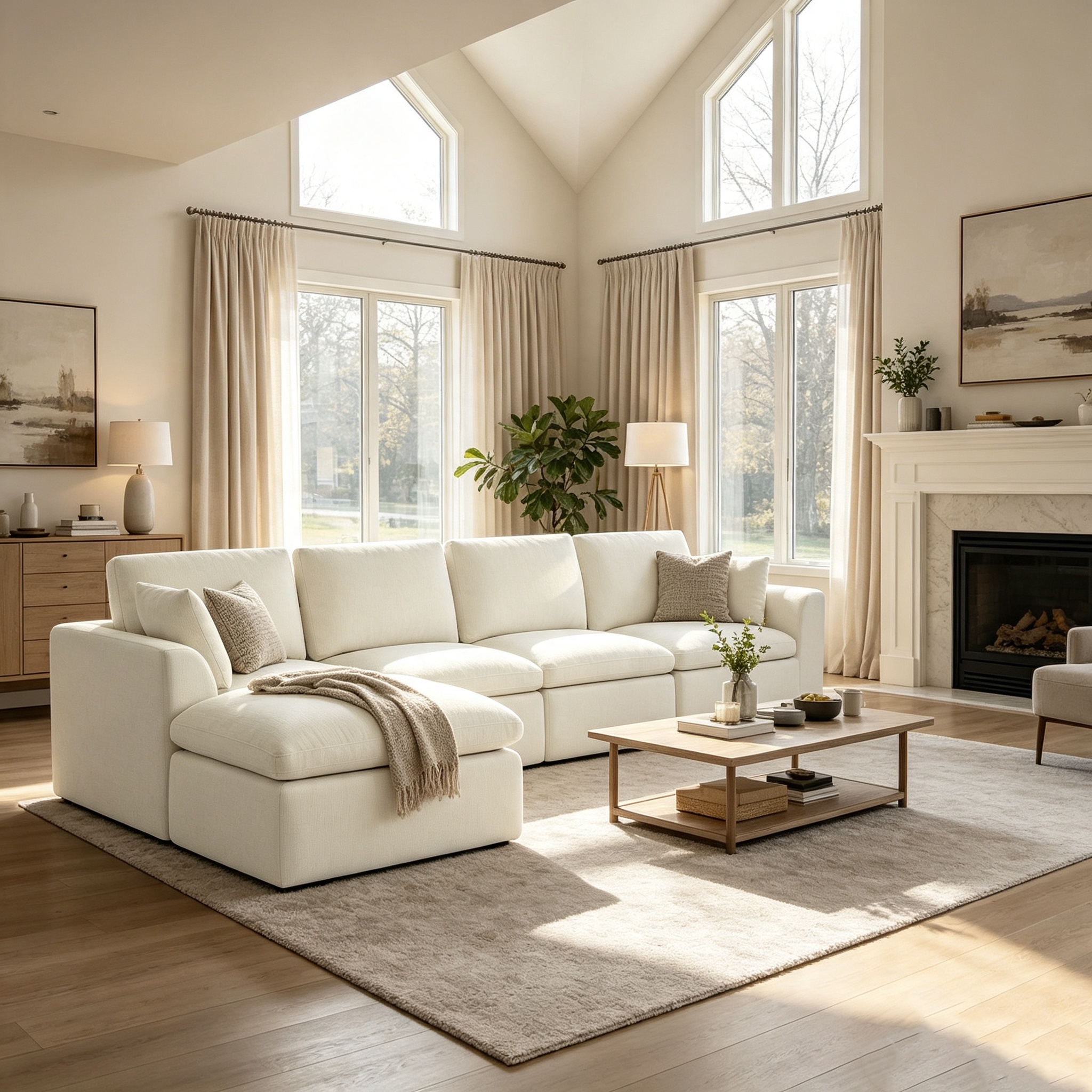 143" 4-Seater Cloud Sofa with Movable Ottoman, Deep Seat Modelar Sectional Sofa with Memory Foam, Soft Chenille Fabric, Plush Comfy Sofa for Living Room, Beige