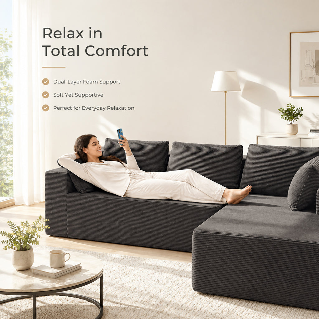 Cfvyne 98" Modular Sectional Sofa with Chaise, Boneless Cloud Couch with Dual-Layer Foam, Deep Seat L-Shaped Corduroy Sofa for Living Room, Dark Gray