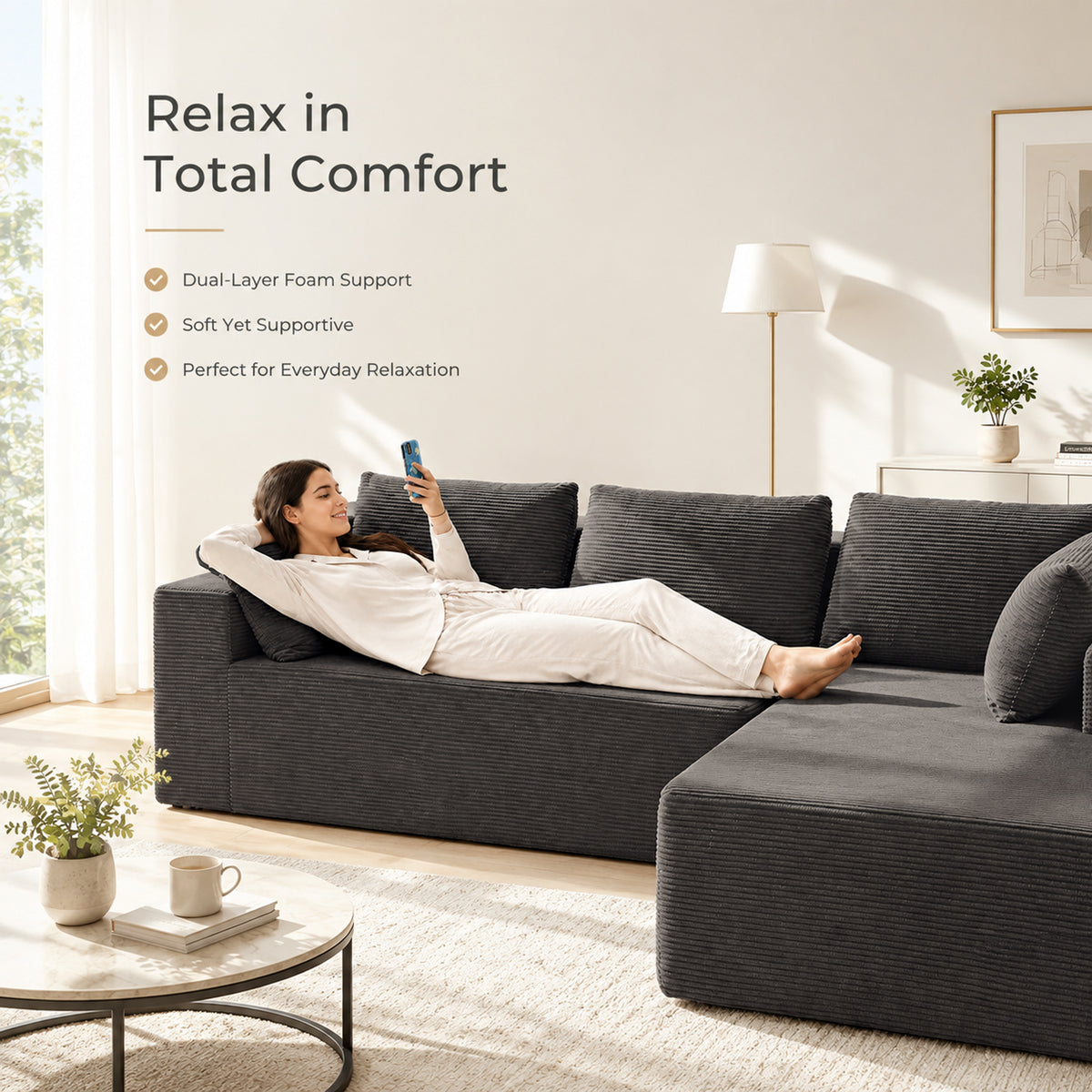 Cfvyne 98" Modular Sectional Sofa with Chaise, Boneless Cloud Couch with Dual-Layer Foam, Deep Seat L-Shaped Corduroy Sofa for Living Room, Dark Gray