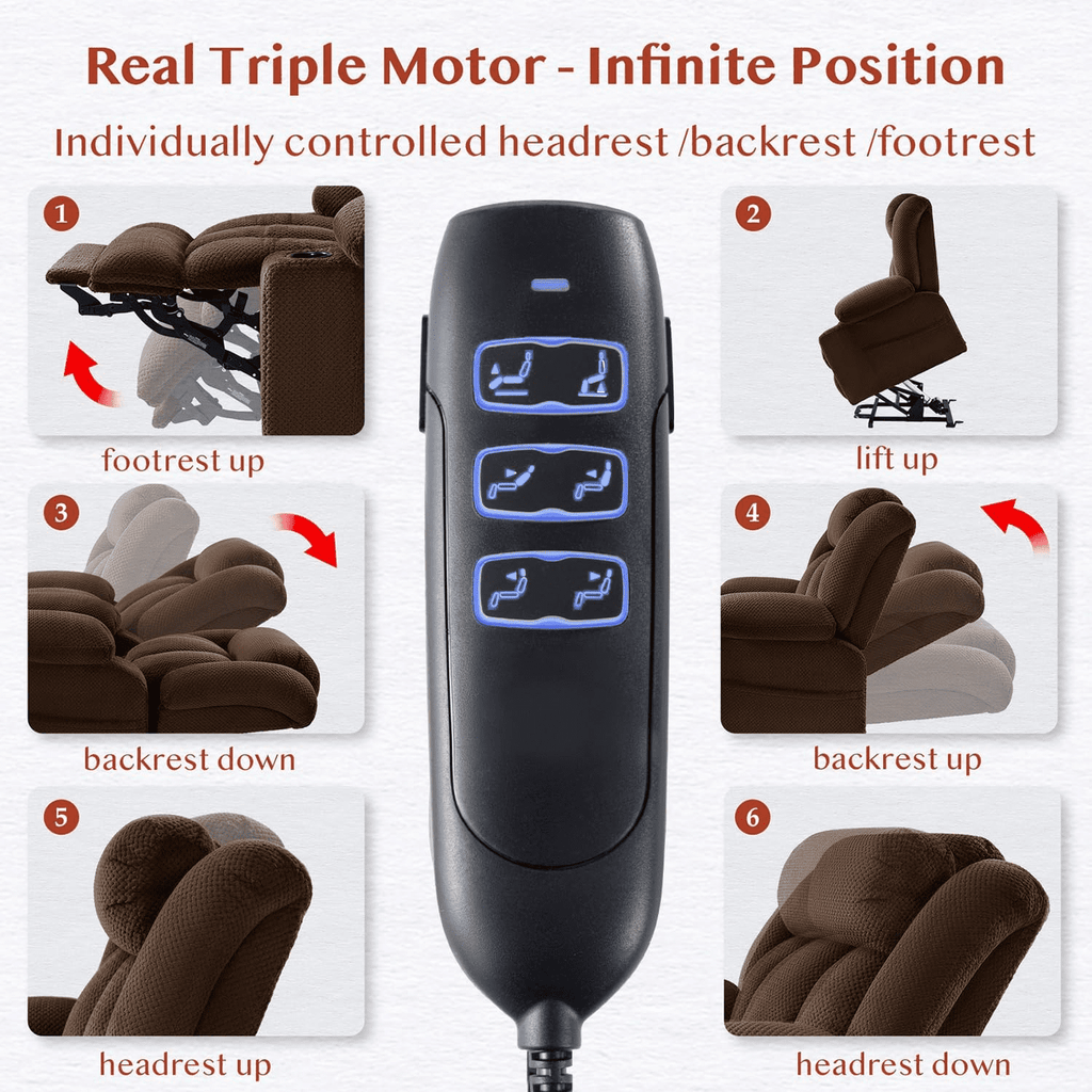 Triple Motor Large-Wide Power Lift Recliner Chair for Elderly Big and Tall, Lay Flat, Heat and Massage, Infinite Position, Power Headrest
