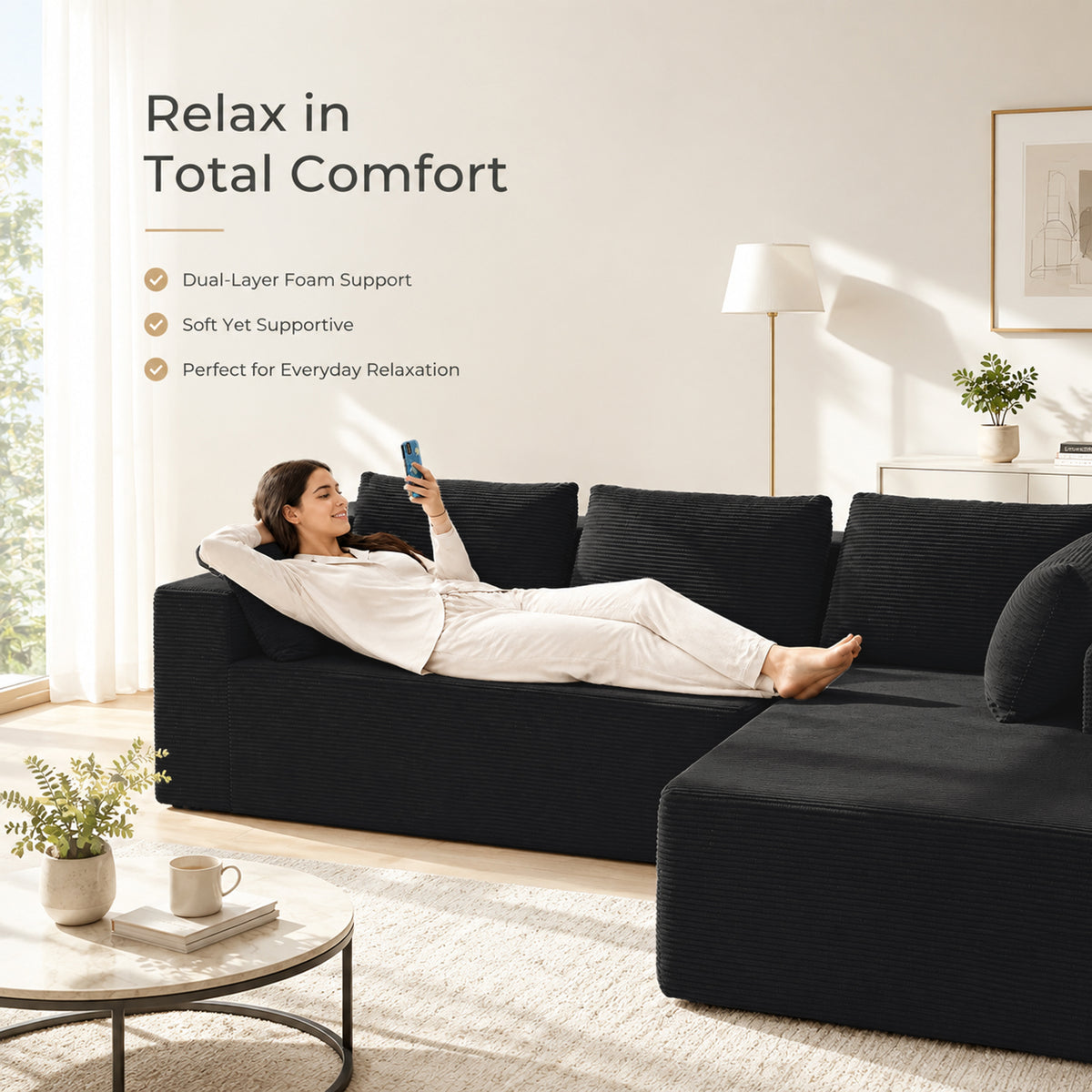 Cfvyne 98" Modular Sectional Sofa with Chaise, Boneless Cloud Couch with Dual-Layer Foam, Deep Seat L-Shaped Corduroy Sofa for Living Room, Black