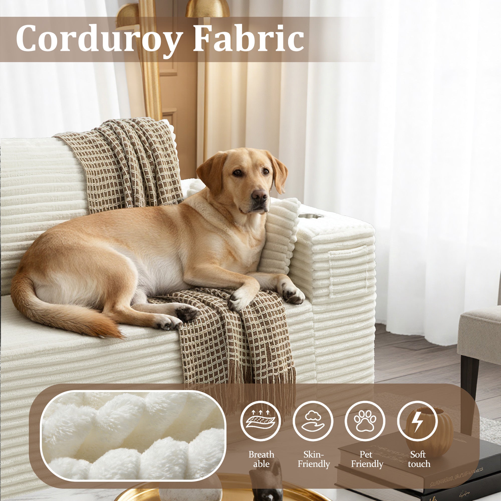 138" L-Shape Modular Cloud Sectional Boneless Sofa with Chaise, Extra-Wide Deep Seat Plush Corduroy Couch for Living Rooms & Apartments (Beige)