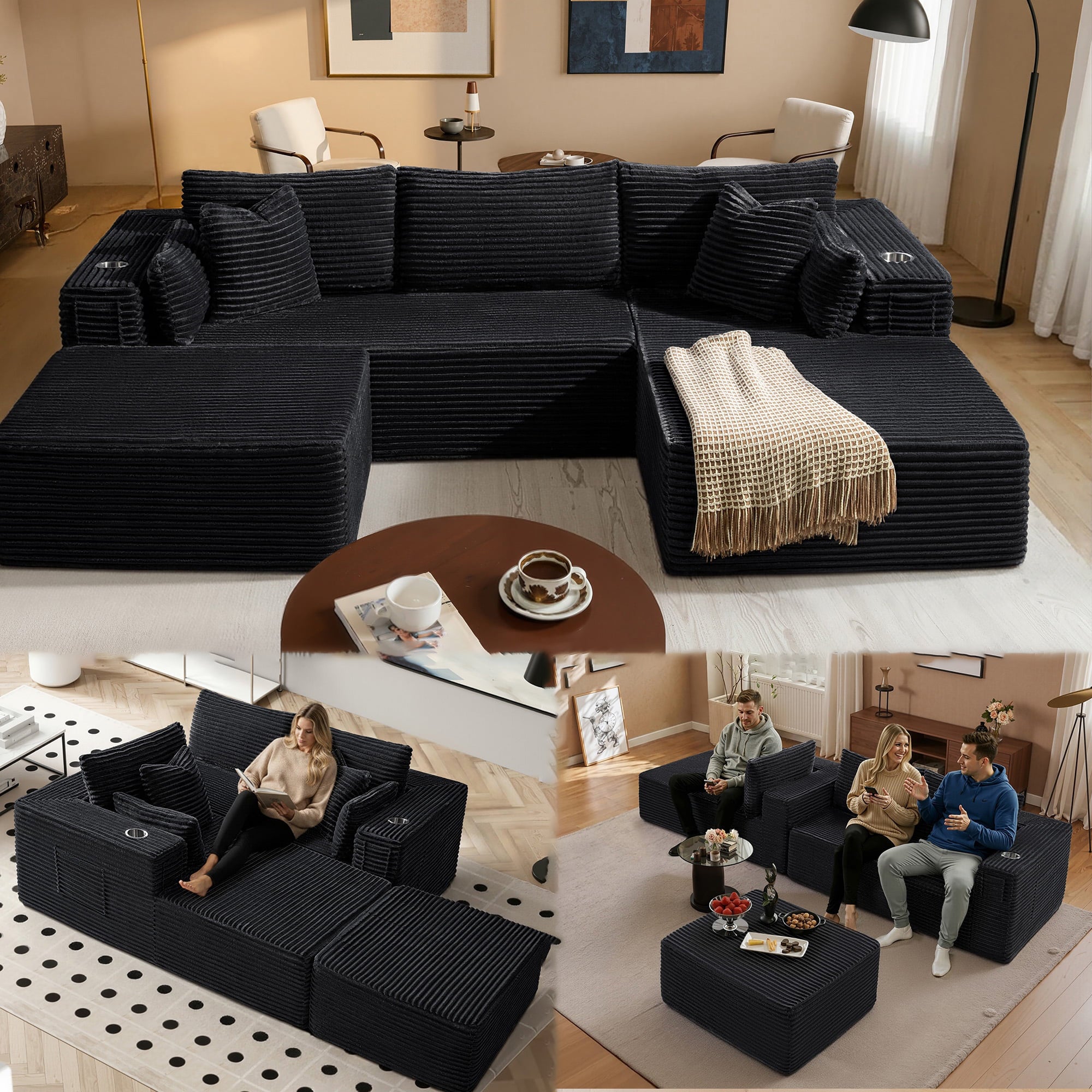 108" U-Shape Modular Cloud Sectional Boneless Sofa with Chaise & Ottoman, Extra-Wide Deep Seat Plush Corduroy Couch for Living Rooms & Apartments (Black)