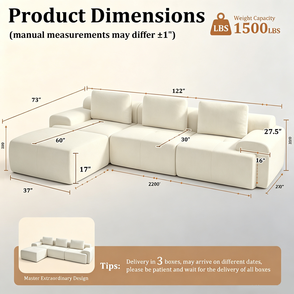 122" Modular Sectional Sofa-L-Shaped Oversized Cloud Couch with High Back & Extra Deep Seat, No Assembly Required, Plush Chenille, 4 Seat, Beige