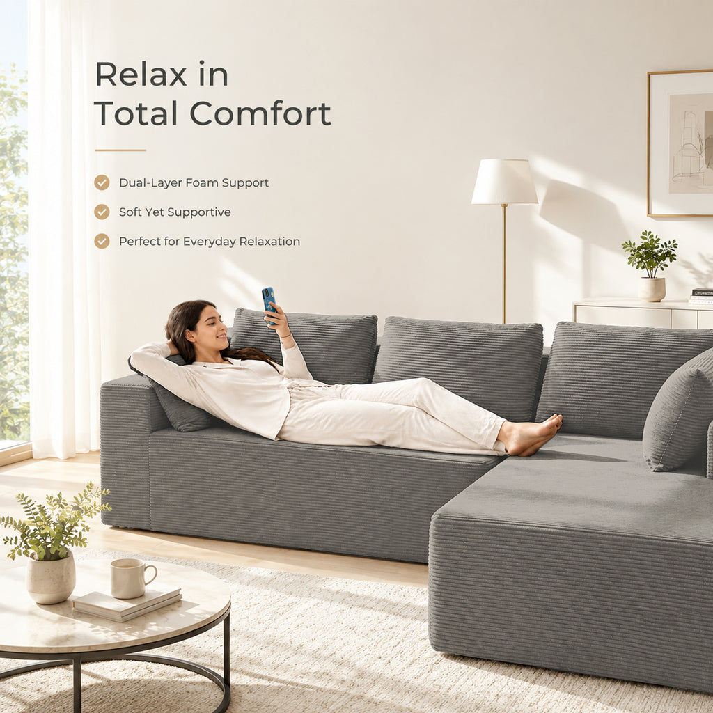 Cfvyne 98" Modular Sectional Sofa with Chaise, Boneless Cloud Couch with Dual-Layer Foam, Deep Seat L-Shaped Corduroy Sofa for Living Room, Light Gray
