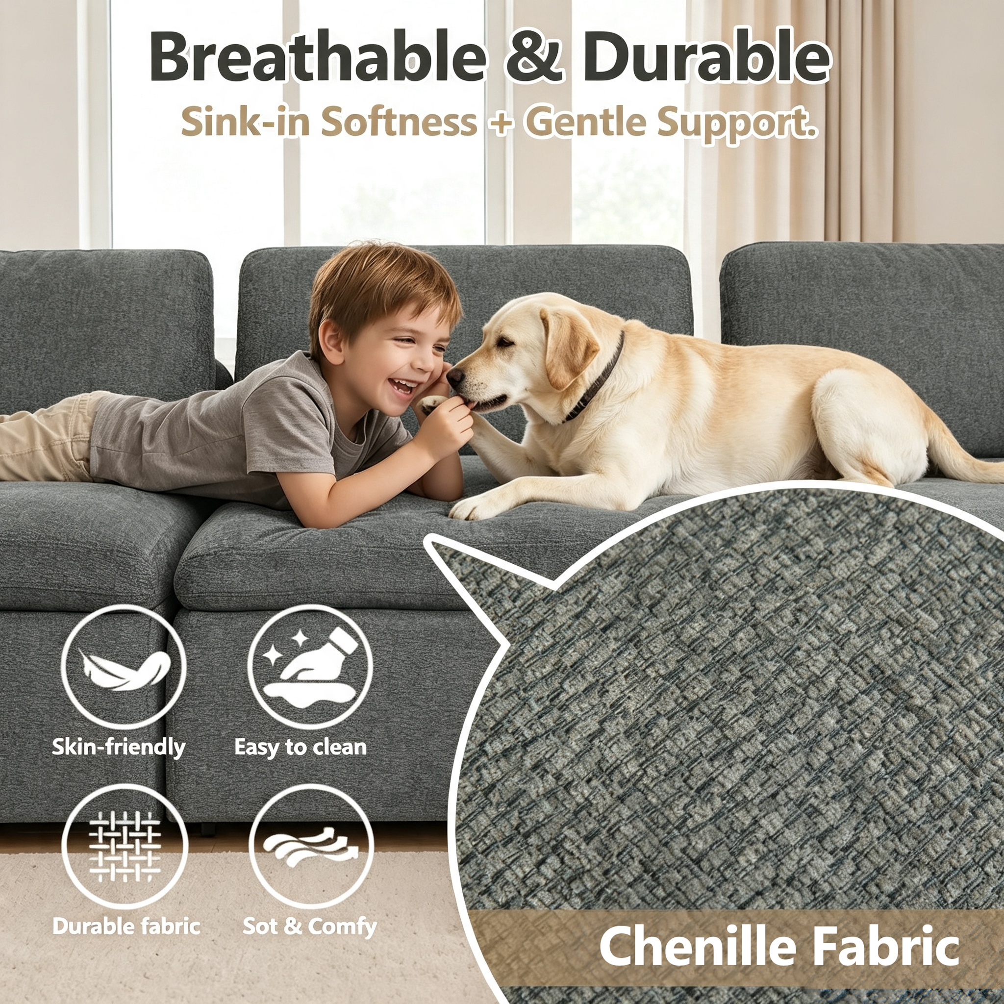 110.5" 3-Seater L-Shaped Cloud Sofa with Ottoman, Deep Seat Modular Sectional Couch with Memory Foam, Soft Chenille Fabric, Plush Comfy Sofa for Living Room, Dark Gray