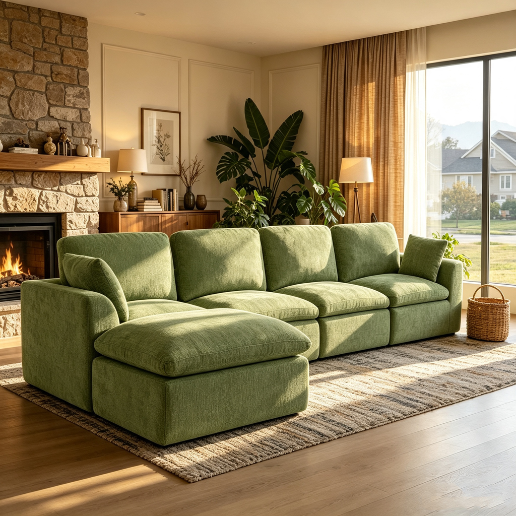 143" 4-Seater Cloud Sofa with Movable Ottoman, Deep Seat Modelar Sectional Sofa with Memory Foam, Soft Chenille Fabric, Plush Comfy Sofa for Living Room, Green