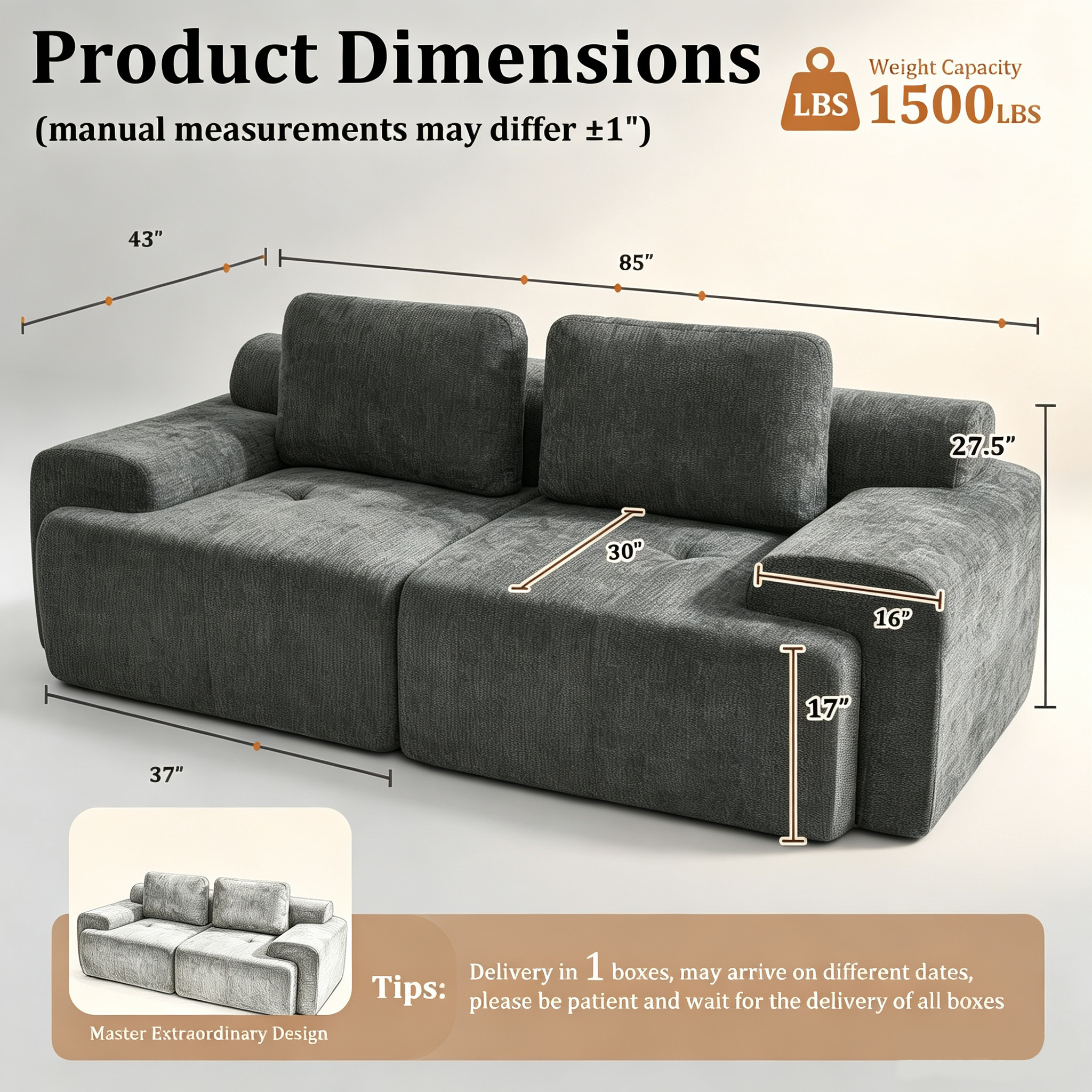 85" Loveseat Cloud Modular Sofa, High Back & Extra Deep Seat, No Assembly Required Soft Chenille, 2 Seat,Dark Gray