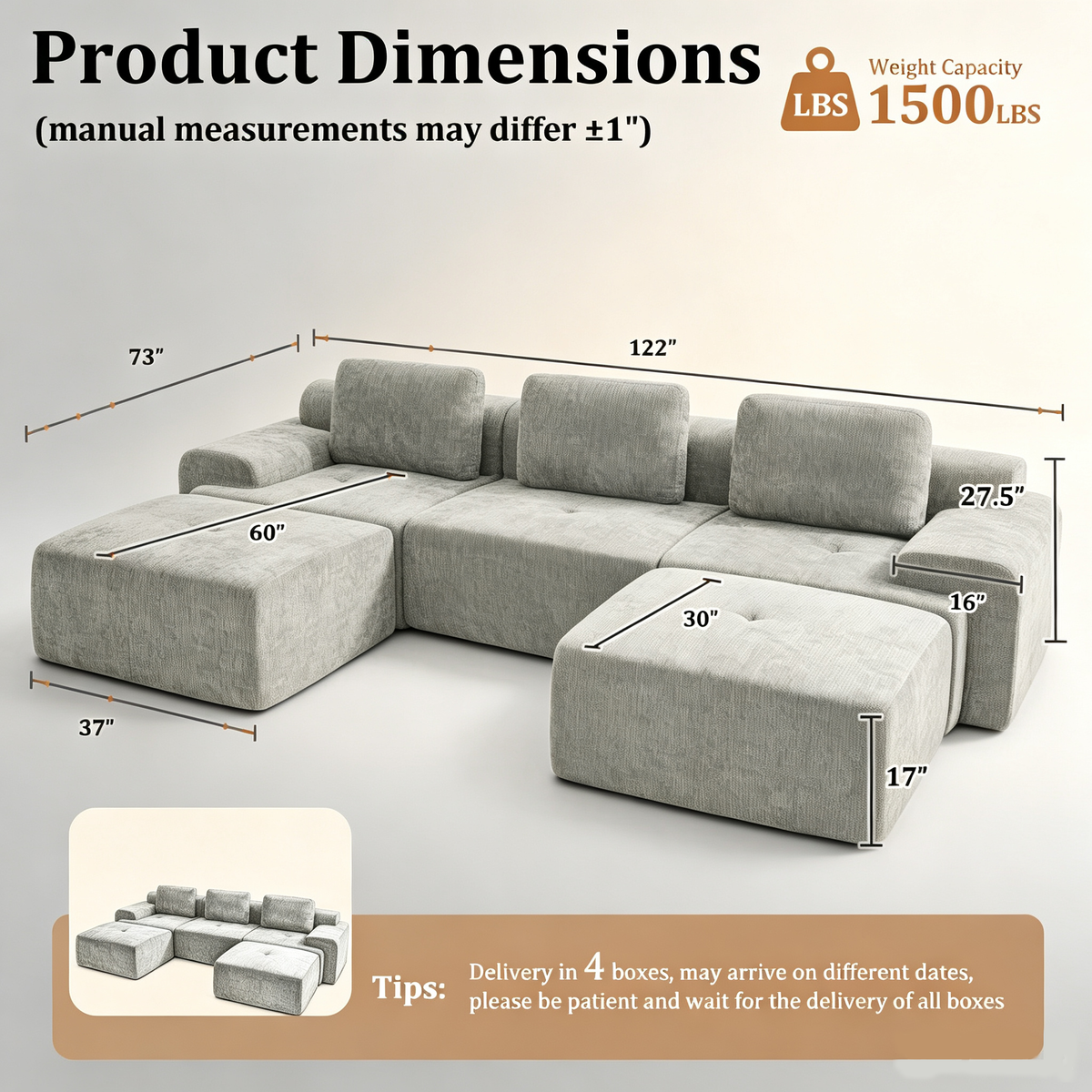 122" Modular Sectional Sofa U-Shaped Oversized Cloud Couch with High Back & Extra Deep Seat, No Assembly Required, Plush Chenille, 5 Seat, Light Grey