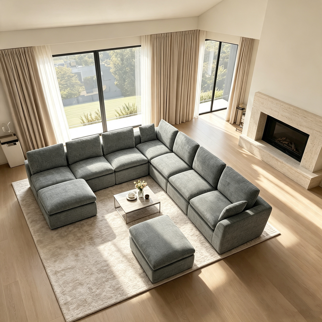 240.5" 7-Seater Cloud Sofa with 2 Movable Ottomans, Deep Seat Modelar Sectional Sofa with Memory Foam, Soft Chenille Fabric, Plush Comfy Sofa for Living Room, Dark Gray