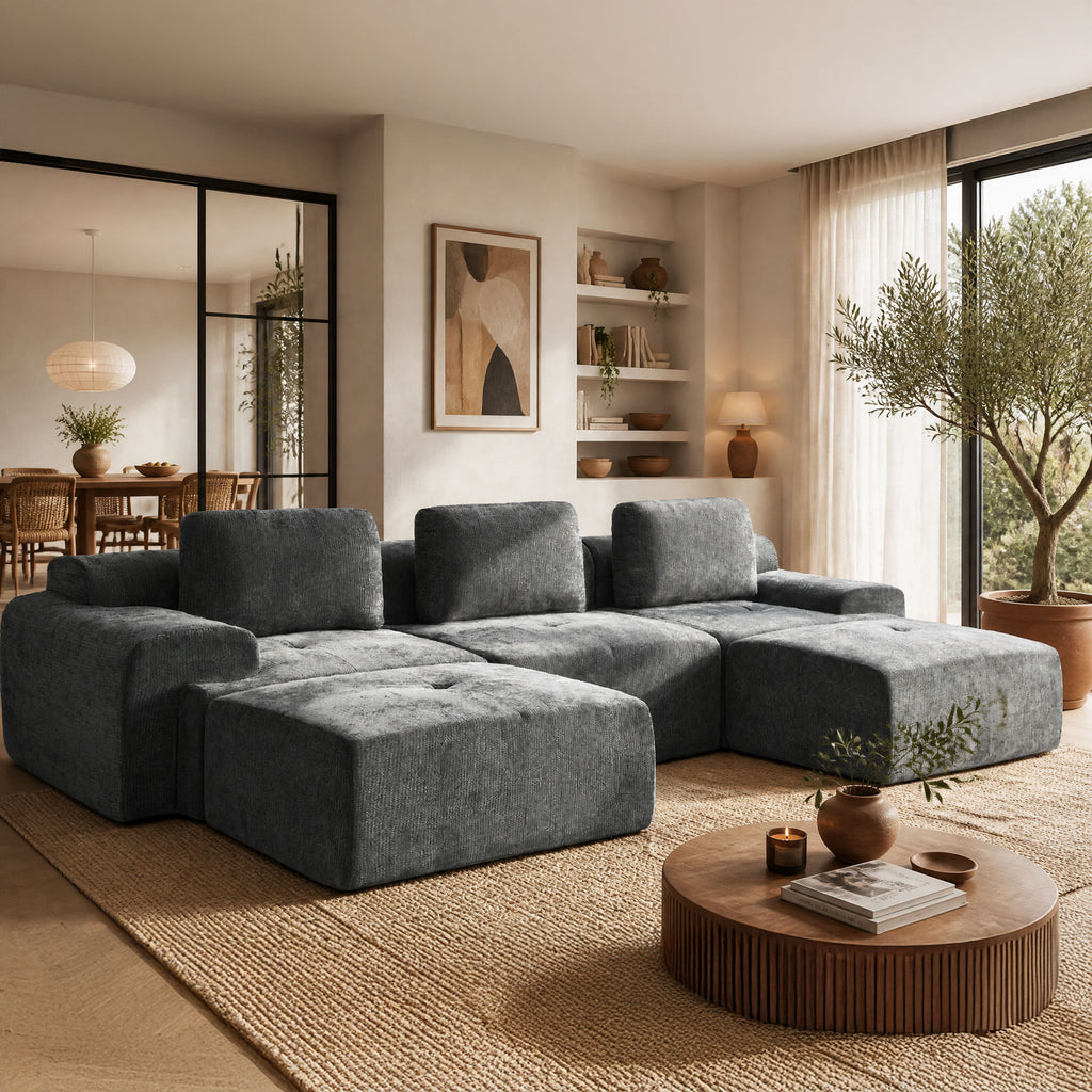 122" Modular Sectional Sofa U-Shaped Oversized Cloud Couch with High Back & Extra Deep Seat, No Assembly Required, Plush Chenille, 5 Seat, Dark Grey
