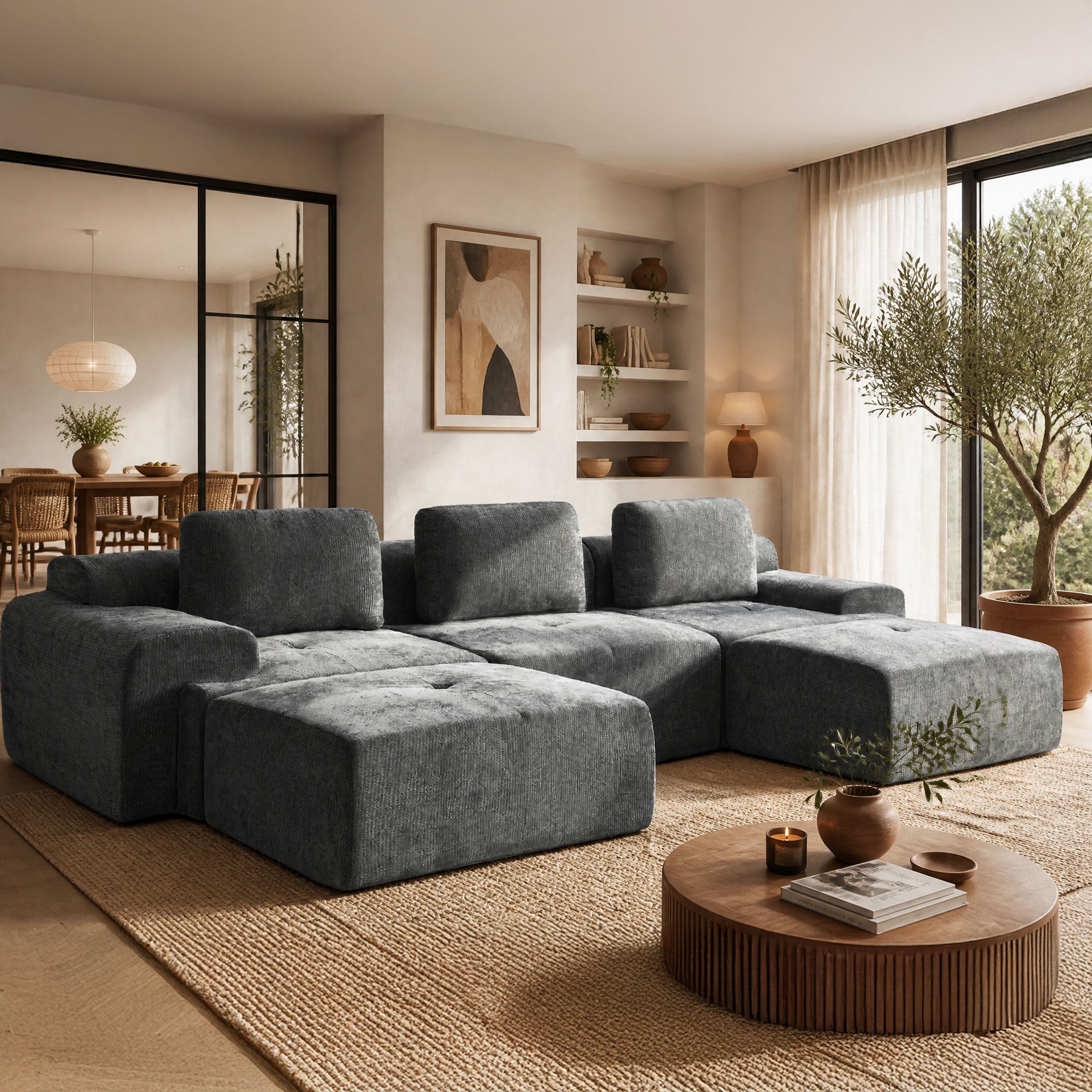 122" Modular Sectional Sofa U-Shaped Oversized Cloud Couch with High Back & Extra Deep Seat, No Assembly Required, Plush Chenille, 5 Seat, Dark Grey