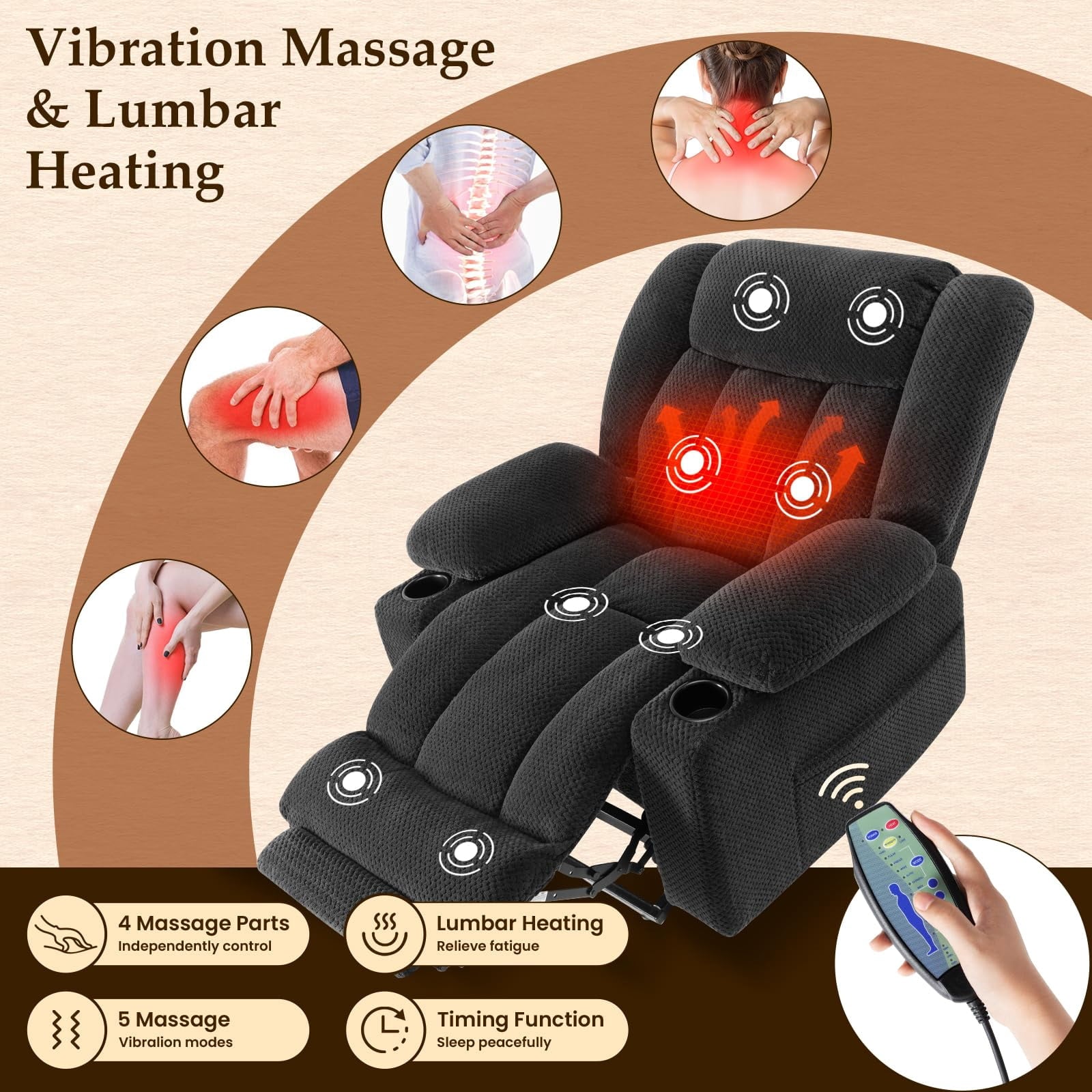 Large-Wide Power Lift Recliner Chair for Elderly, Big and Tall, Heat and Massage, Lift Chairs Recliners with Extended Footrest, Remote Control, 2 Cup Holders