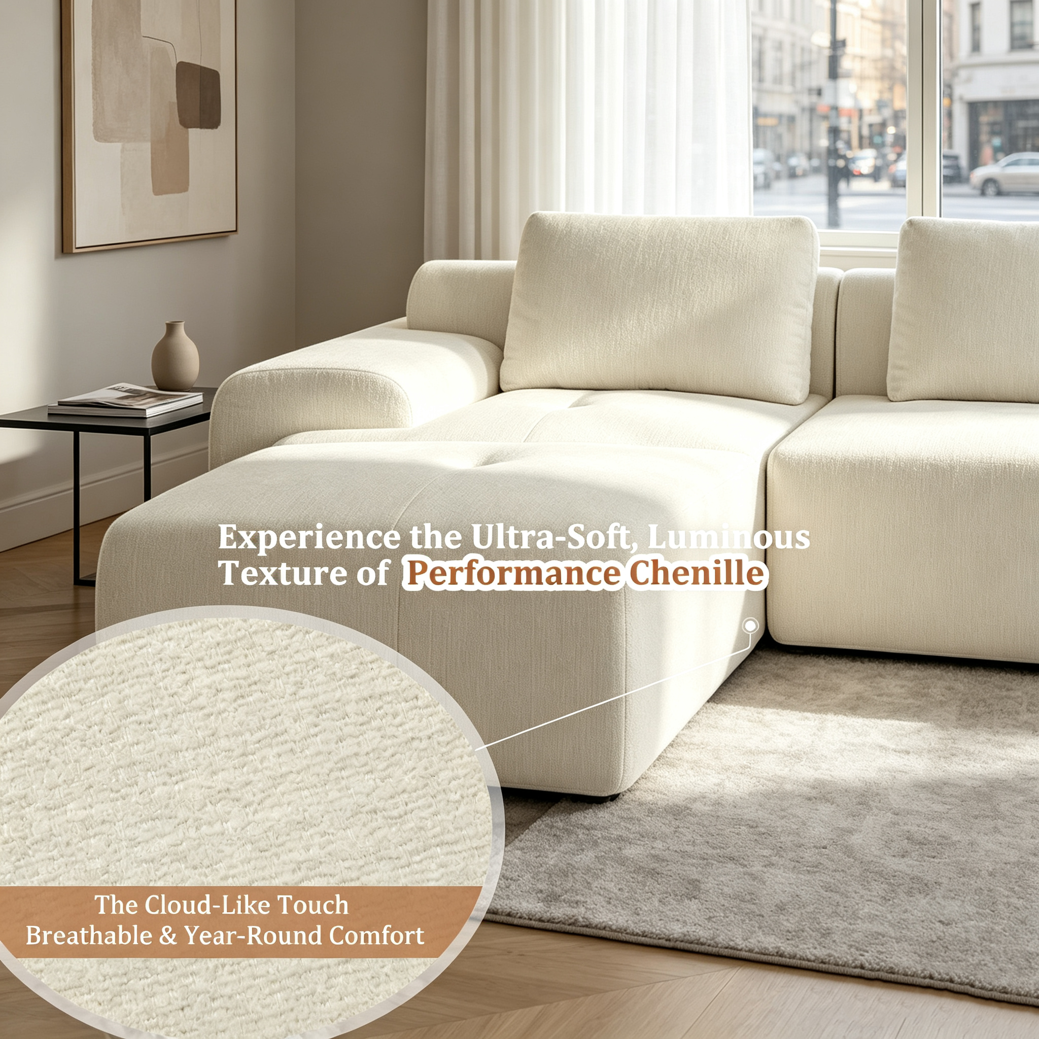 159" U-Shaped Oversized Cloud Couch, Modular Sectional Sofa with High Back & Extra Deep Seat, No Assembly Required, Plush Chenille, Beige