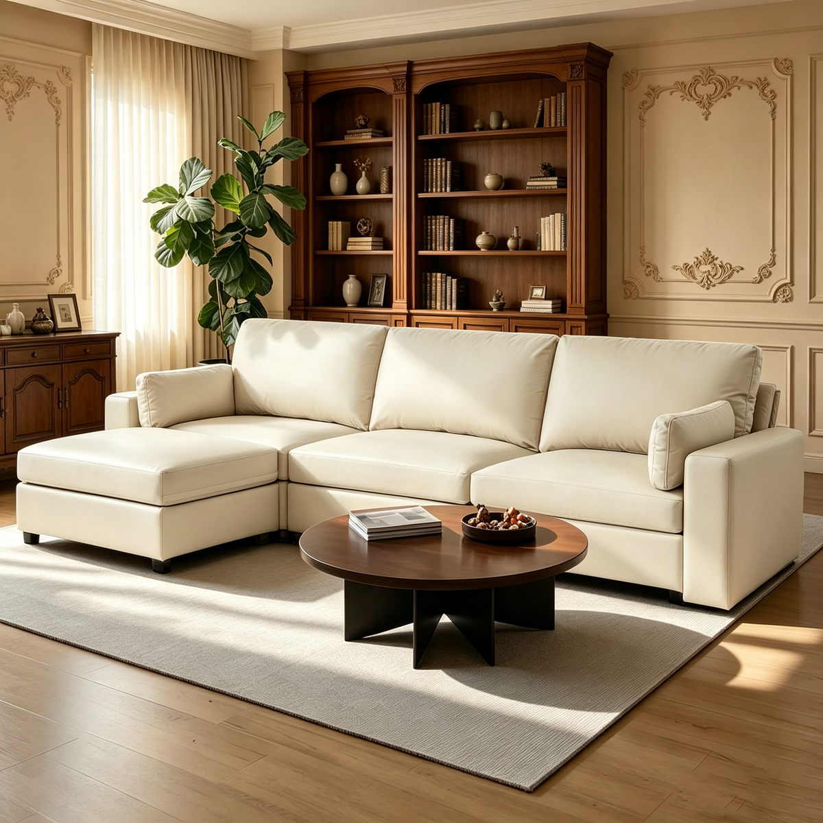 117" Oversized Modular Sectional Sofa with Storage Ottoman, Deep Seat L-Shaped Faux Leather Couch, Scratch-Resistant Vegan Leather, Modern Living Room, Beige