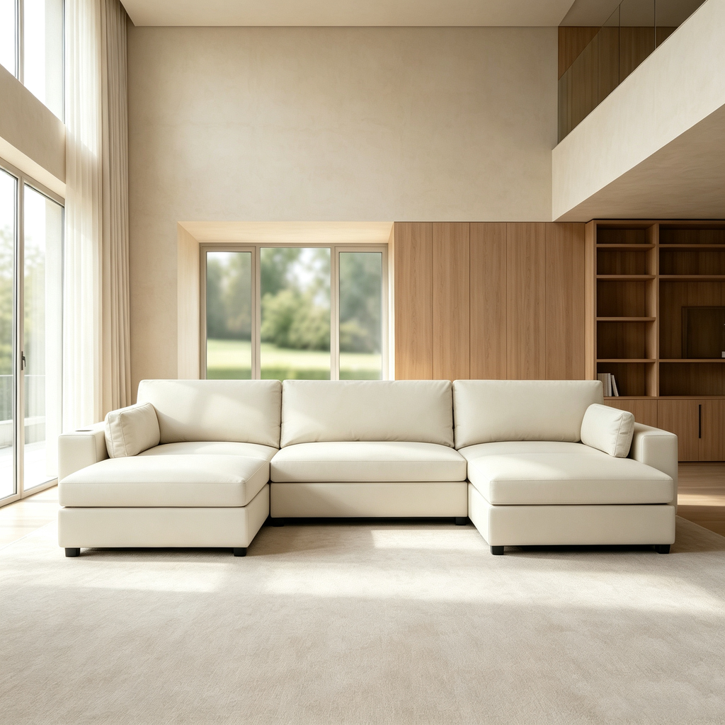 117" Oversized Modular U-Shaped Sectional Sofa with 2 Storage Ottomans, Deep Seat Faux Leather Couch, Scratch-Resistant Vegan Leather, Modern Living Room, Beige