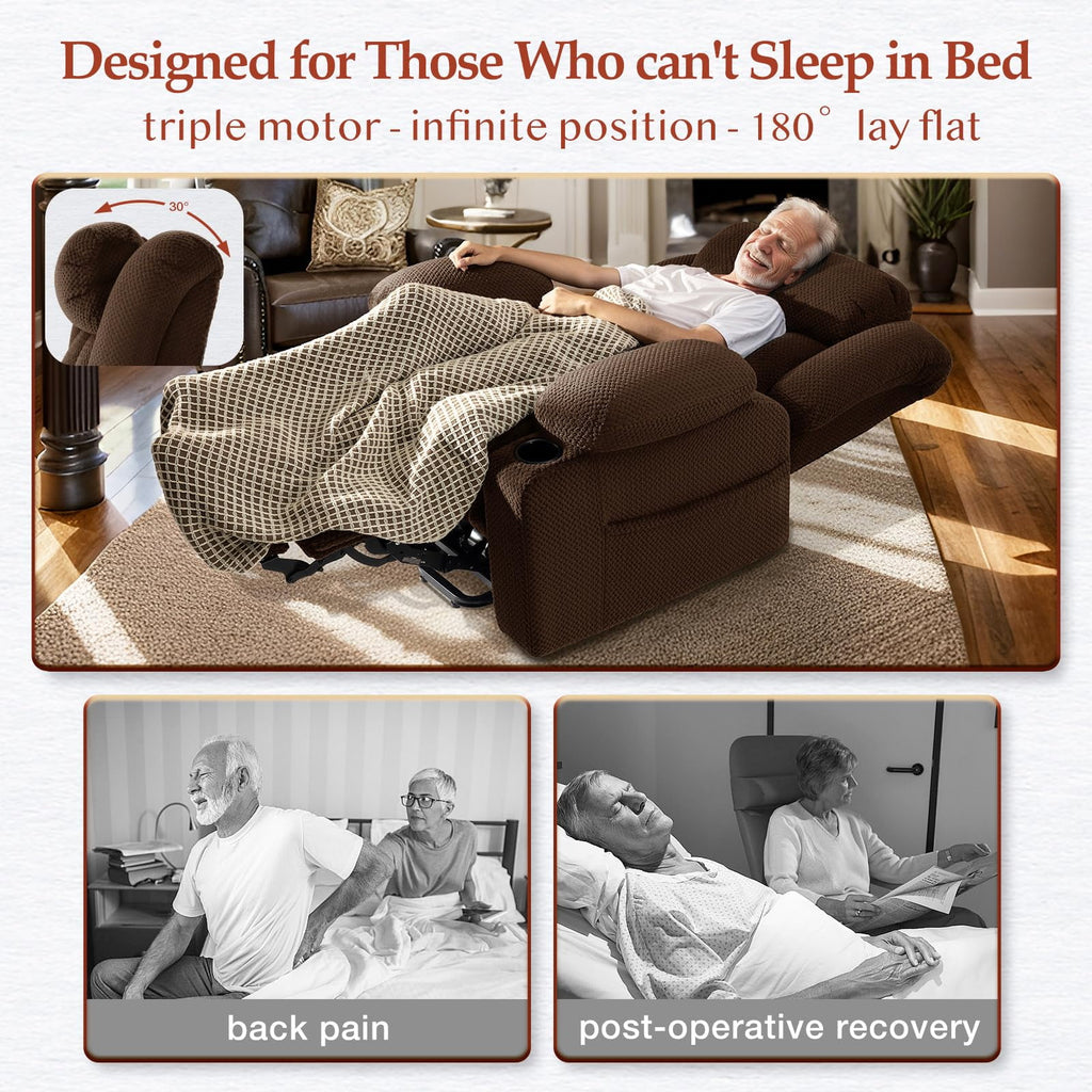 Triple Motor Large-Wide Power Lift Recliner Chair for Elderly Big and Tall, Lay Flat, Heat and Massage, Infinite Position, Power Headrest