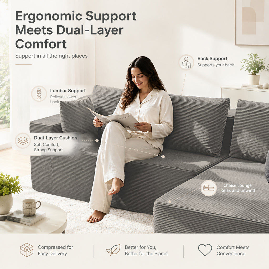 Cfvyne 98" Modular Sectional Sofa with Chaise, Boneless Cloud Couch with Dual-Layer Foam, Deep Seat L-Shaped Corduroy Sofa for Living Room, Light Gray