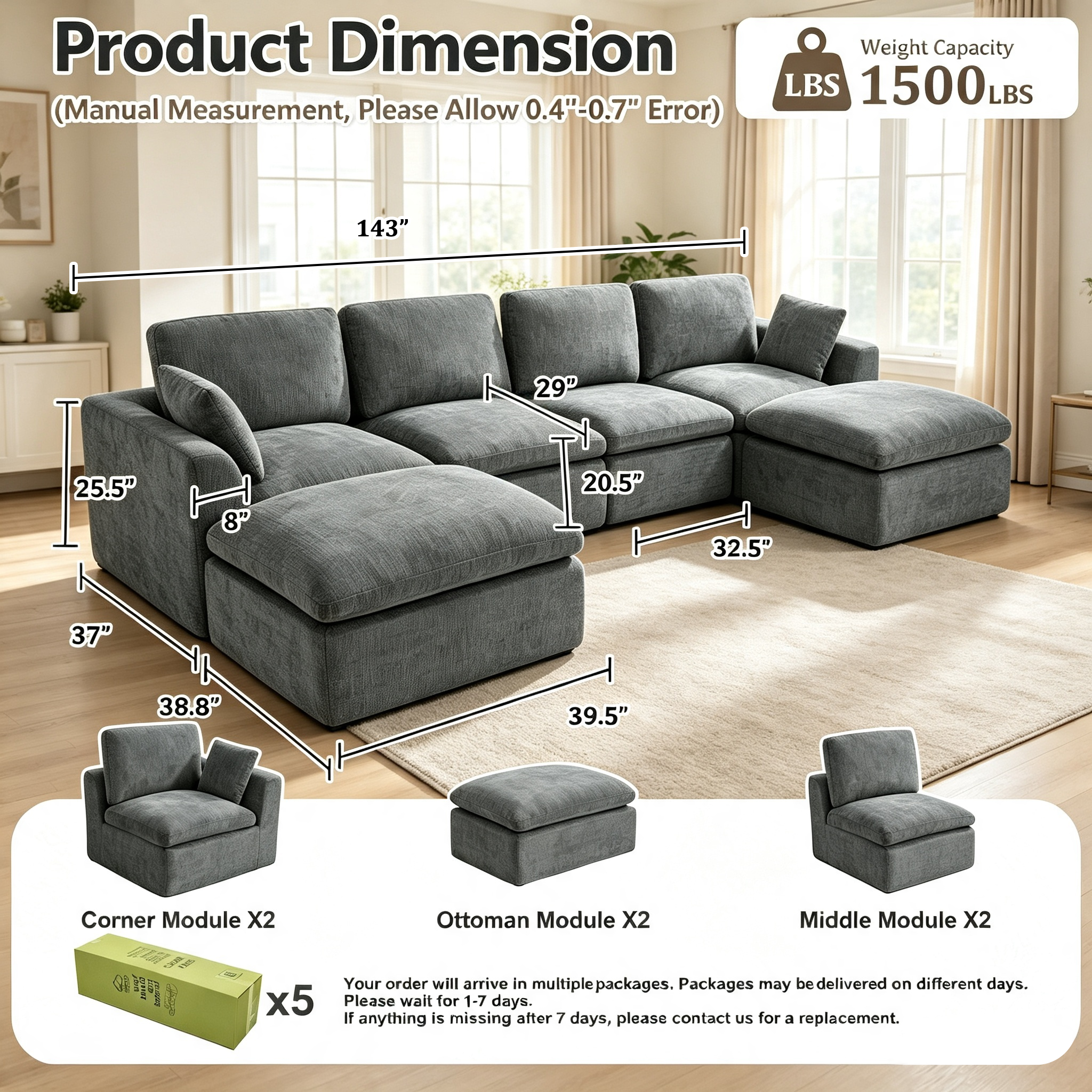 143" 4-Seater Cloud Sofa with 2 Movable Ottoman, Deep Seat Modelar Sectional Sofa with Memory Foam, Soft Chenille Fabric, Plush Comfy Sofa for Living Room, Dark Gray