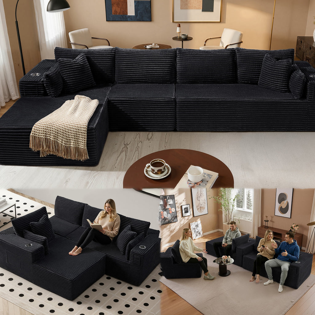 138" L-Shape Modular Cloud Sectional Boneless Sofa with Chaise, Extra-Wide Deep Seat Plush Corduroy Couch for Living Rooms & Apartments (Black)