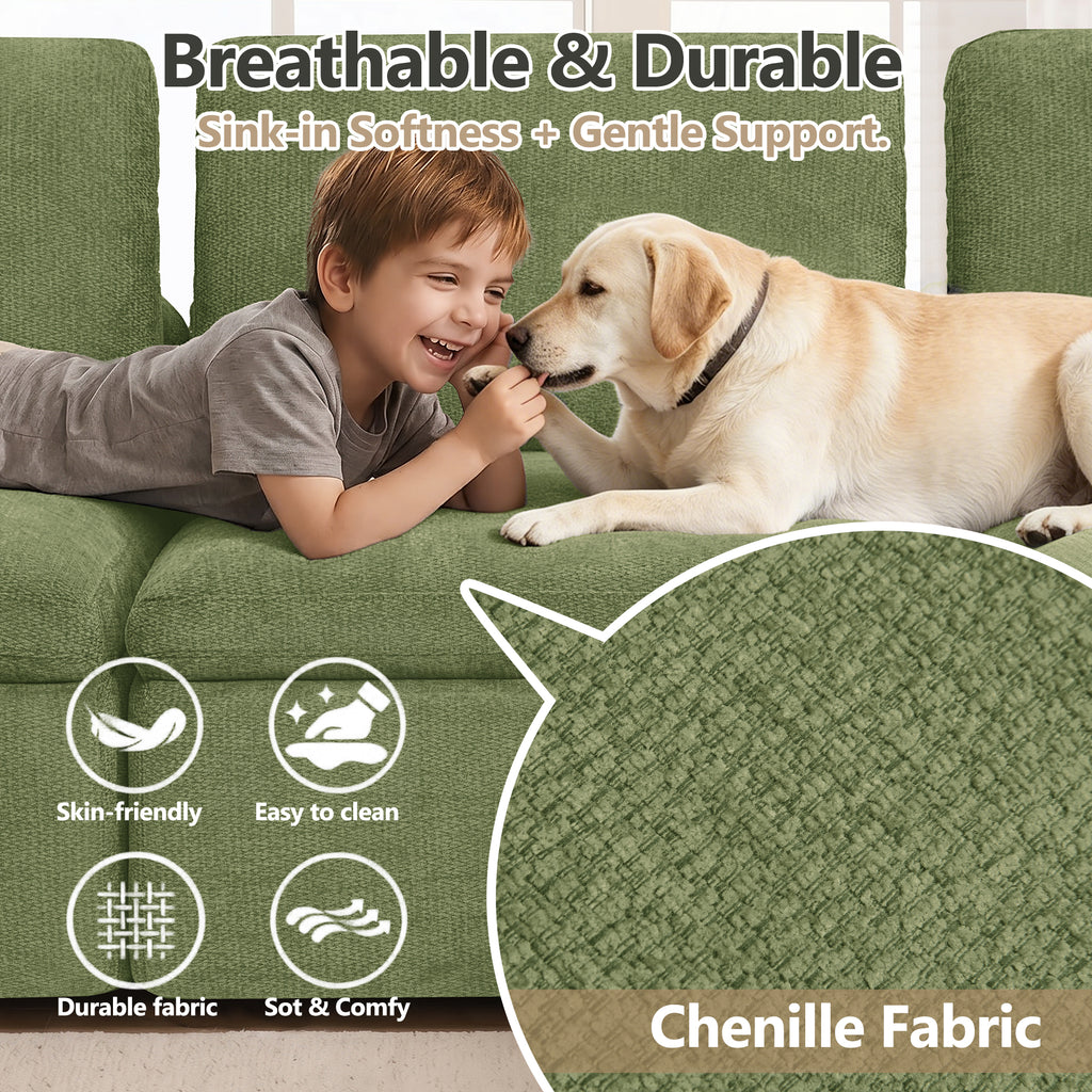 143" 4-Seater Cloud Sofa with 2 Movable Ottoman, Deep Seat Modelar Sectional Sofa with Memory Foam, Soft Chenille Fabric, Plush Comfy Sofa for Living Room, Green