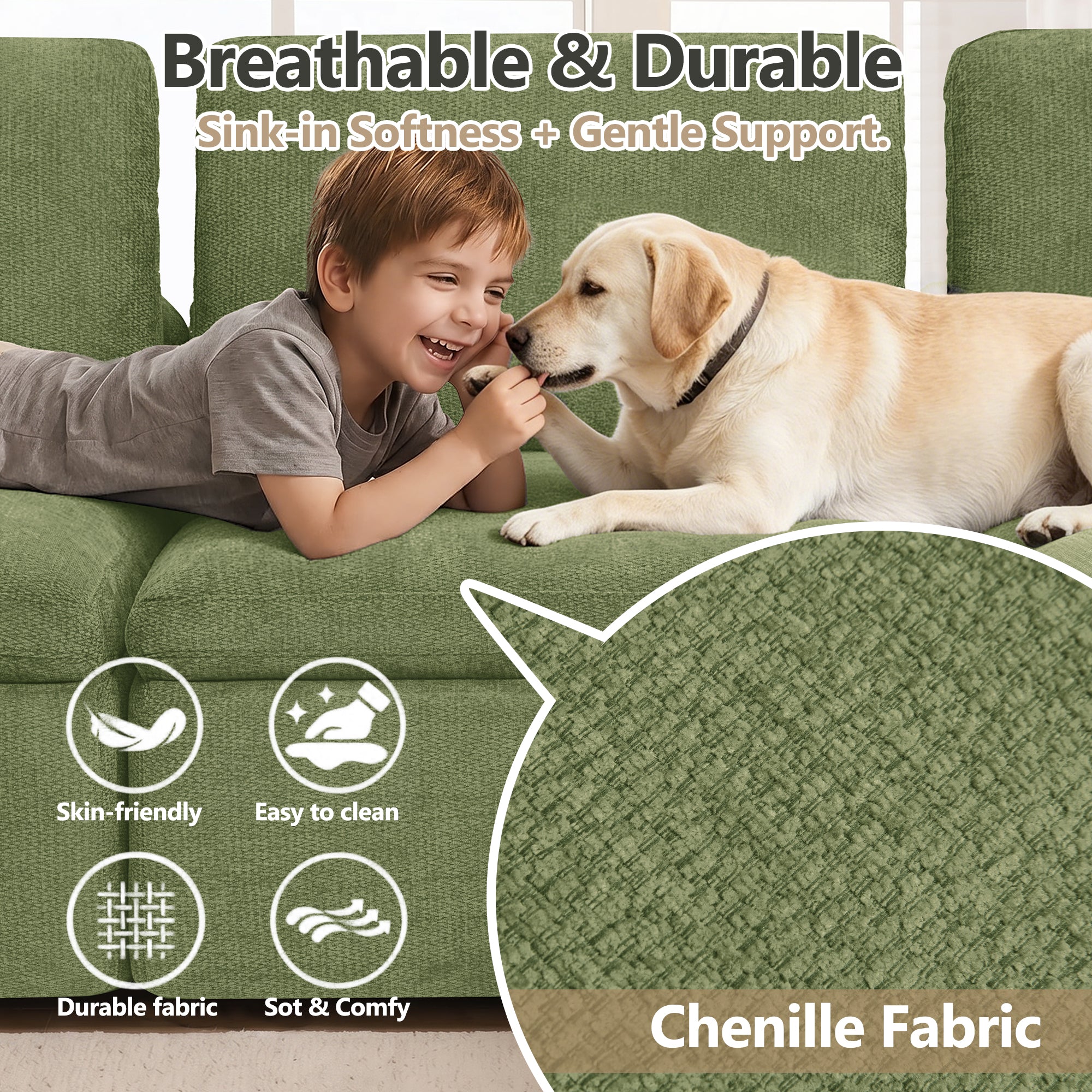 143" 4-Seater Cloud Sofa with 2 Movable Ottoman, Deep Seat Modelar Sectional Sofa with Memory Foam, Soft Chenille Fabric, Plush Comfy Sofa for Living Room, Green