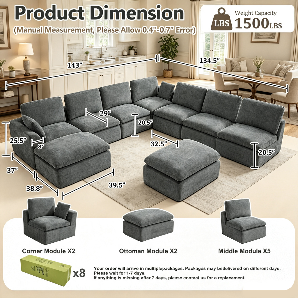240.5" 7-Seater Cloud Sofa with 2 Movable Ottomans, Deep Seat Modelar Sectional Sofa with Memory Foam, Soft Chenille Fabric, Plush Comfy Sofa for Living Room, Dark Gray