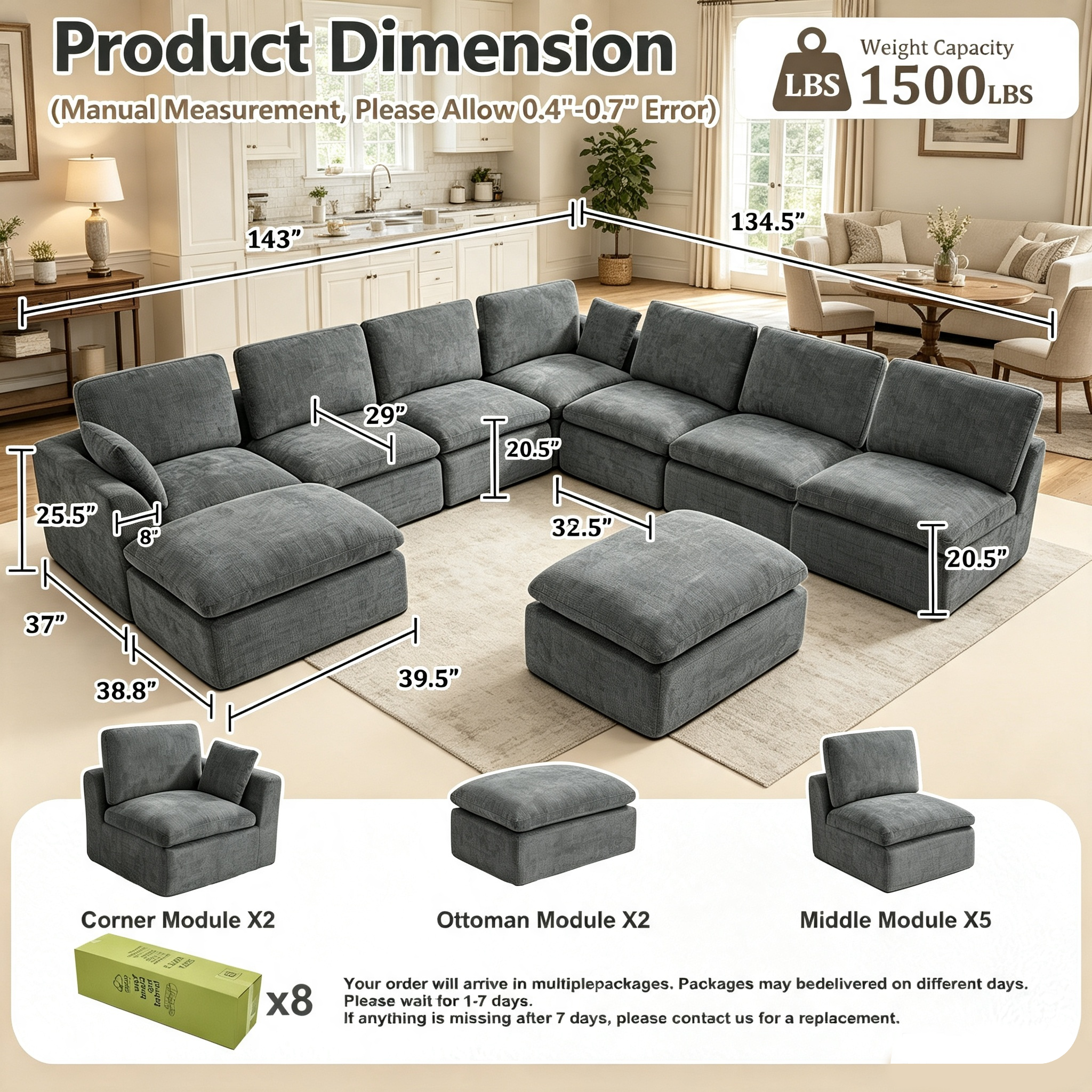 240.5" 7-Seater Cloud Sofa with 2 Movable Ottomans, Deep Seat Modelar Sectional Sofa with Memory Foam, Soft Chenille Fabric, Plush Comfy Sofa for Living Room, Dark Gray