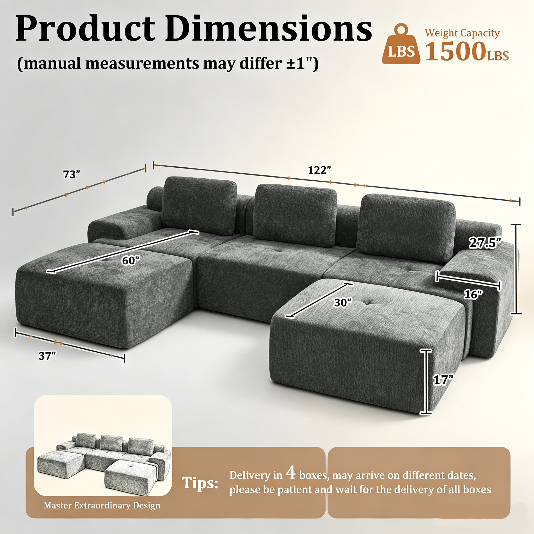 122" Modular Sectional Sofa U-Shaped Oversized Cloud Couch with High Back & Extra Deep Seat, No Assembly Required, Plush Chenille, 5 Seat, Dark Grey