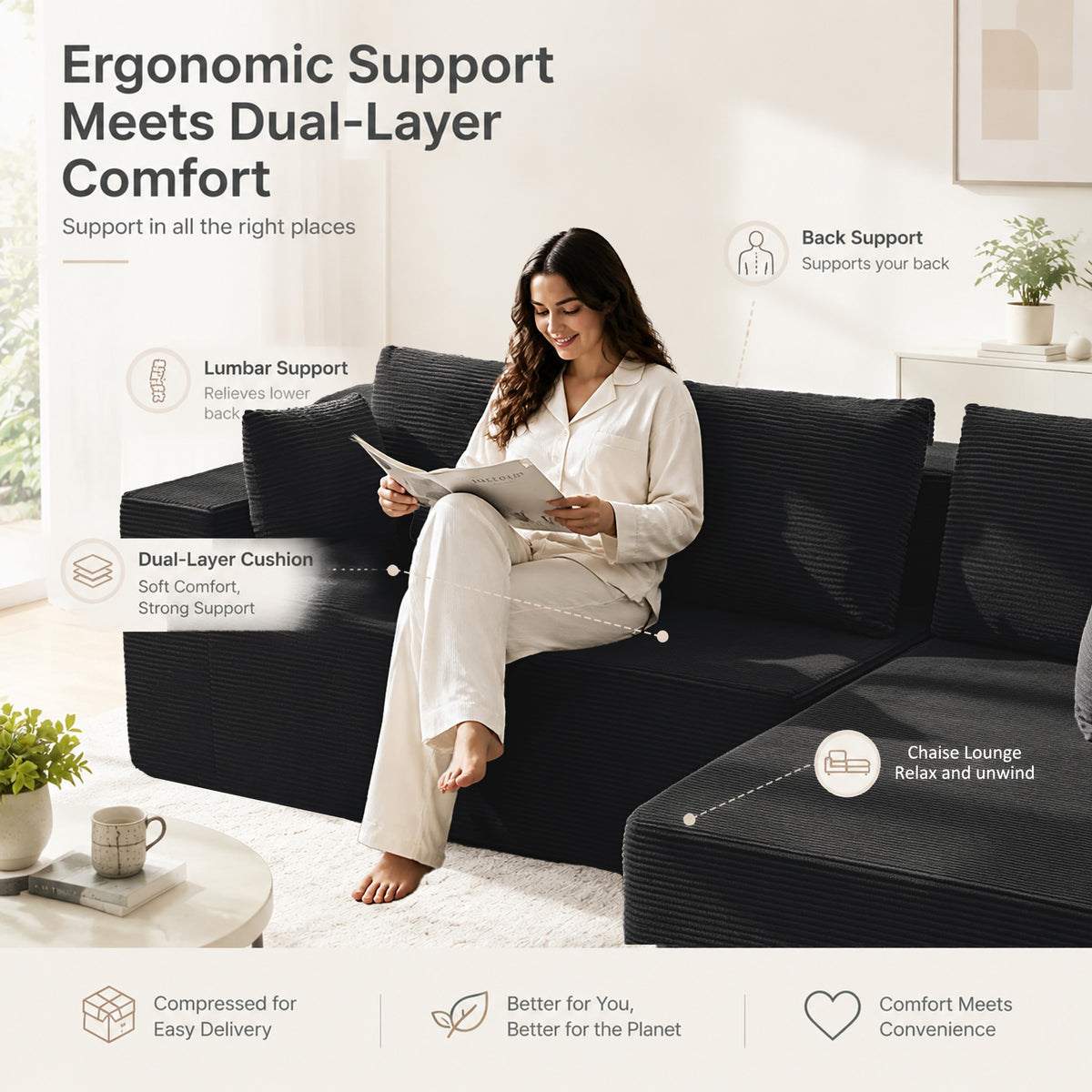 Cfvyne 98" Modular Sectional Sofa with Chaise, Boneless Cloud Couch with Dual-Layer Foam, Deep Seat L-Shaped Corduroy Sofa for Living Room, Black