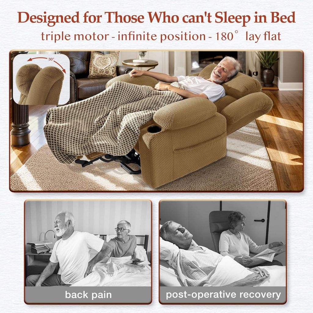 Triple Motor Large-Wide Power Lift Recliner Chair for Elderly Big and Tall, Lay Flat, Heat and Massage, Infinite Position, Power Headrest