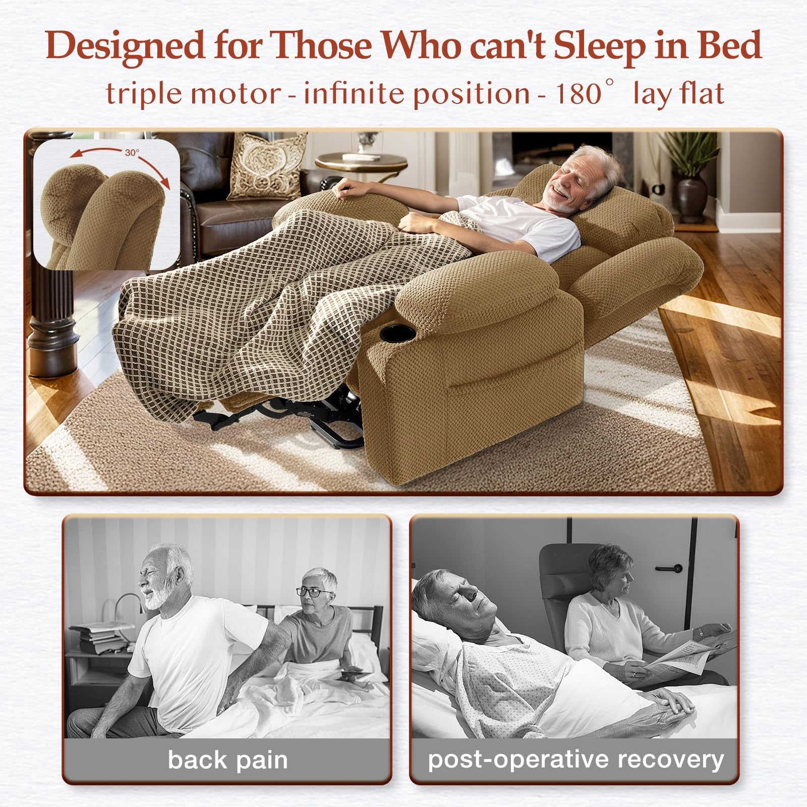Triple Motor Large-Wide Power Lift Recliner Chair for Elderly Big and Tall, Lay Flat, Heat and Massage, Infinite Position, Power Headrest