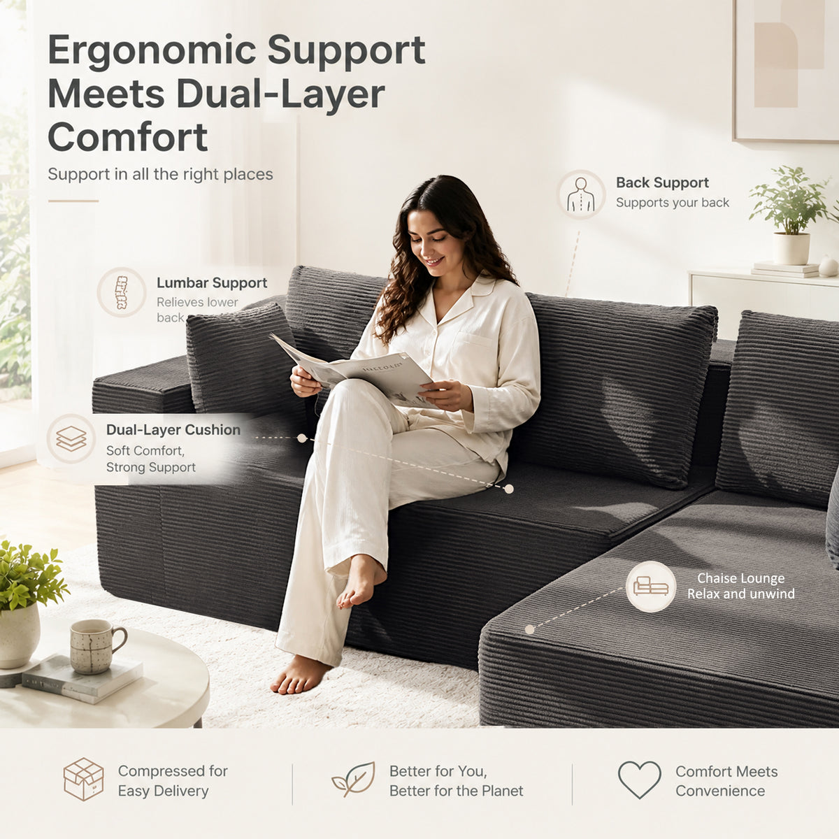 Cfvyne 98" Modular Sectional Sofa with Chaise, Boneless Cloud Couch with Dual-Layer Foam, Deep Seat L-Shaped Corduroy Sofa for Living Room, Dark Gray