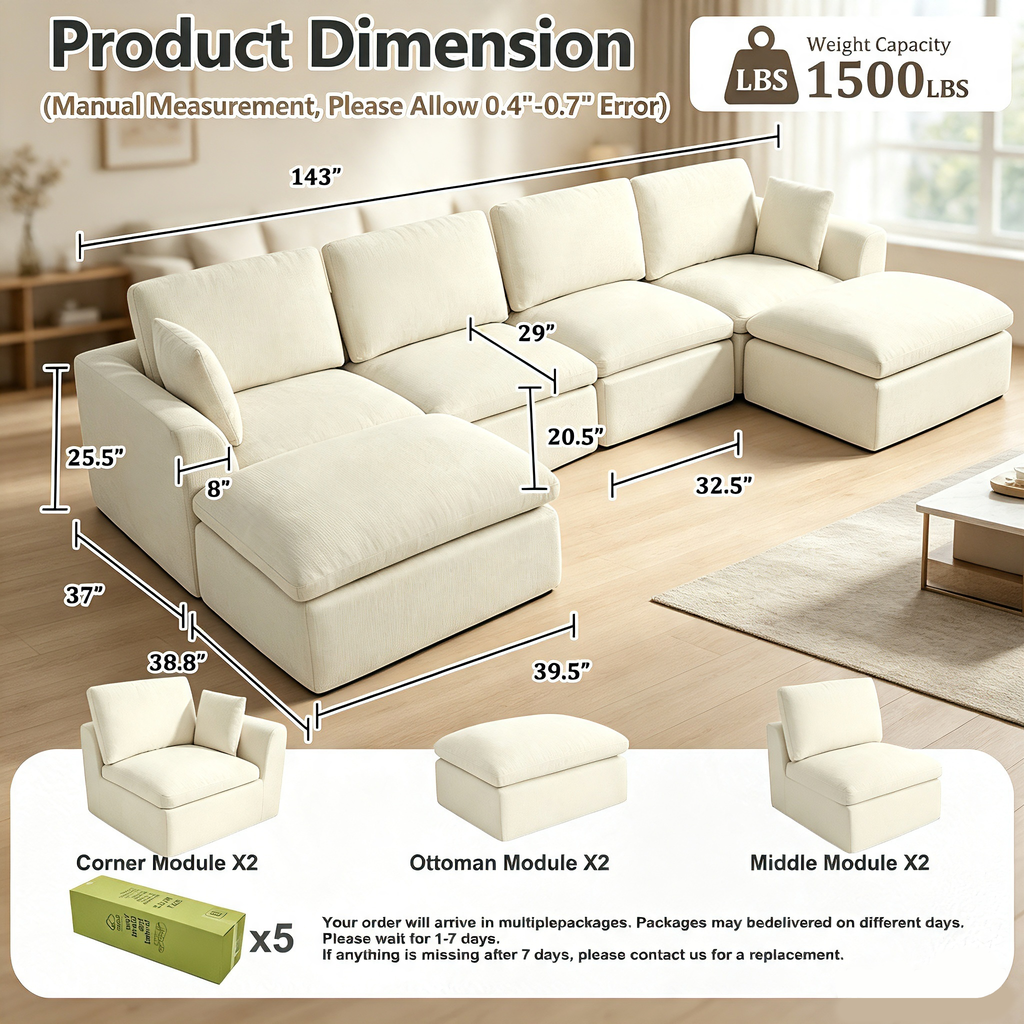 143" 4-Seater Cloud Sofa with 2 Movable Ottoman, Deep Seat Modelar Sectional Sofa with Memory Foam, Soft Chenille Fabric, Plush Comfy Sofa for Living Room, Beige