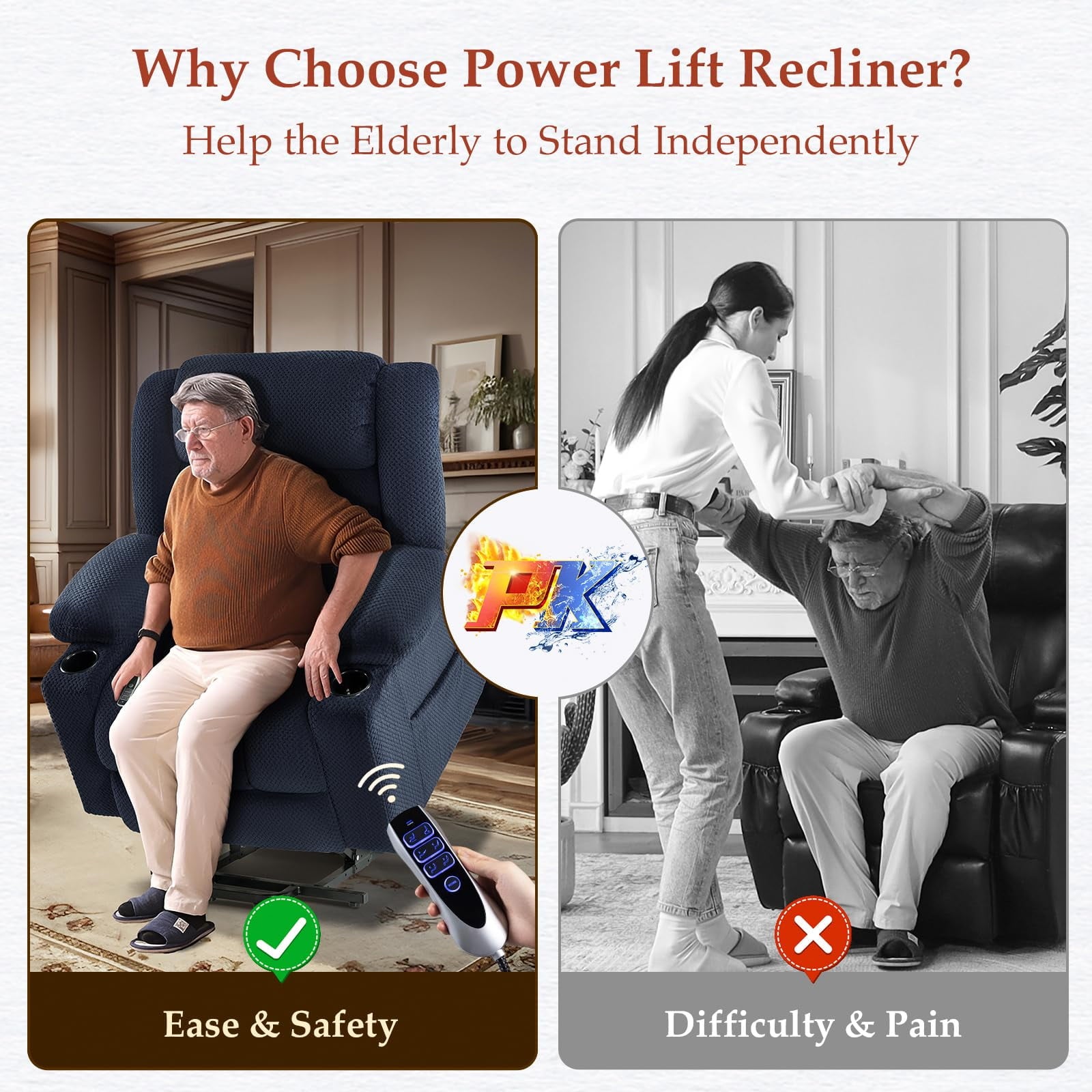 Triple Motor Large-Wide Power Lift Recliner Chair for Elderly Big and Tall, Lay Flat, Heat and Massage, Infinite Position, Power Headrest