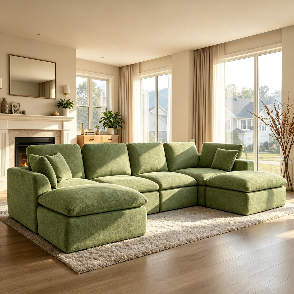 143" 4-Seater Cloud Sofa with 2 Movable Ottoman, Deep Seat Modelar Sectional Sofa with Memory Foam, Soft Chenille Fabric, Plush Comfy Sofa for Living Room, Green
