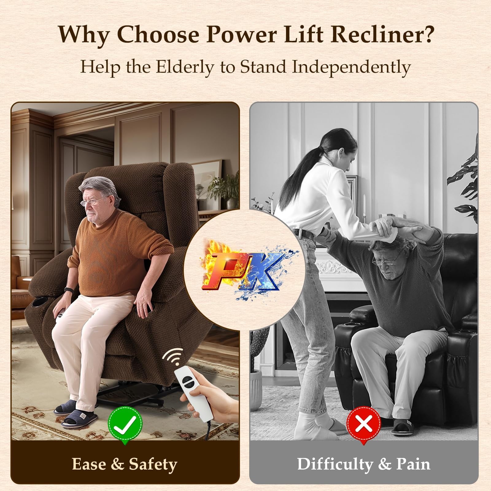 Large-Wide Power Lift Recliner Chair for Elderly, Big and Tall, Heat and Massage, Lift Chairs Recliners with Extended Footrest, Remote Control, 2 Cup Holders