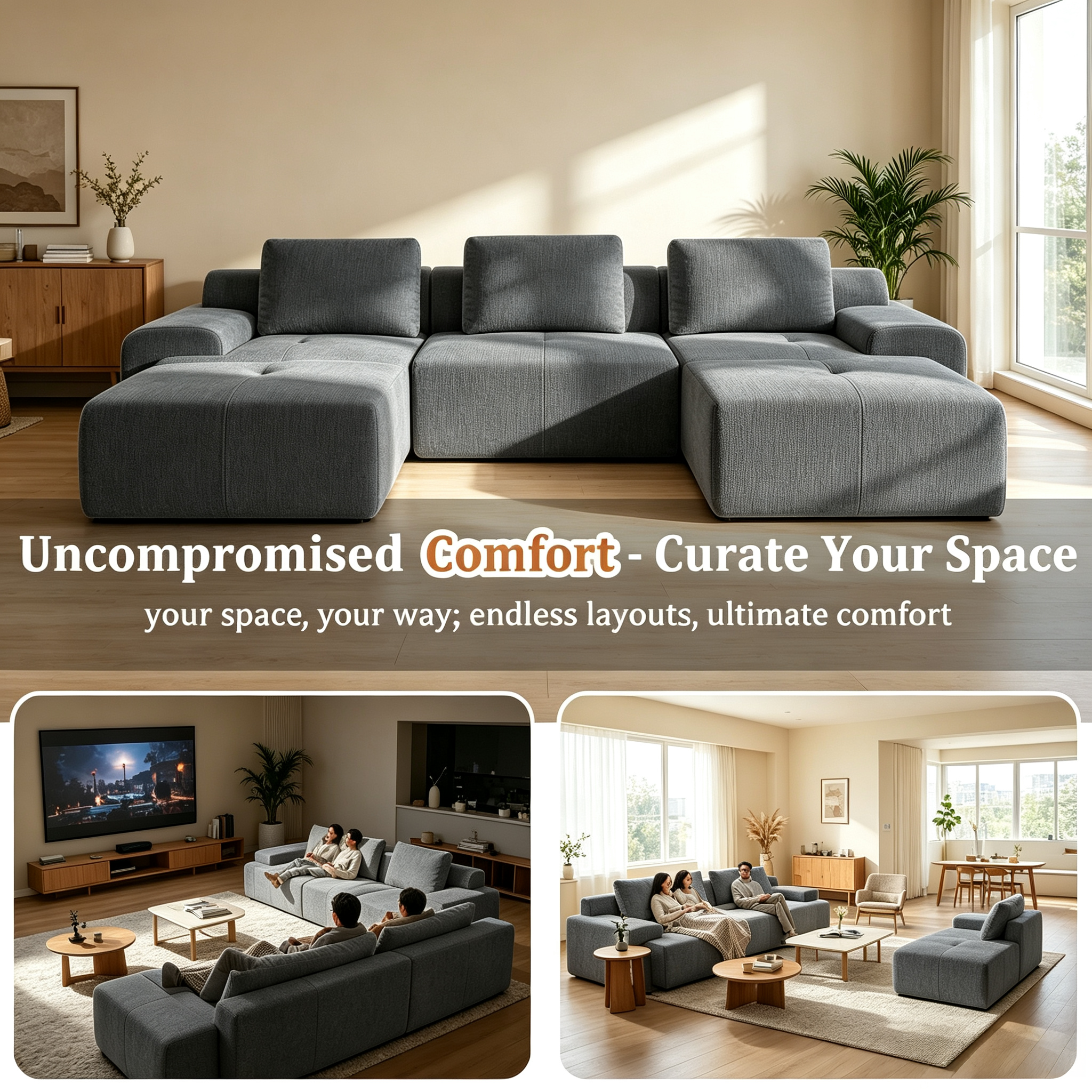 37" Oversized Modular Sofa Ottoman, Soft Chenille Fabric Couch with Deep Seat, High Back Design, No Assembly,Dark Gray