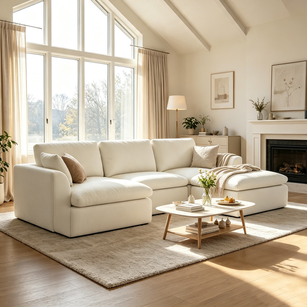 110.5" 3-Seater Cloud Sofa with 2 Movable Ottomans, Deep Seat Modular Sectional sofa with Memory Foam, Soft Chenille Fabric for Living Room, Beige