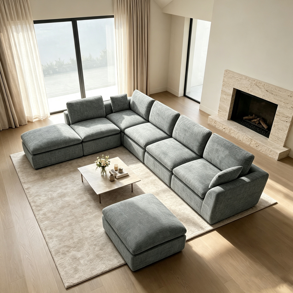175" 5-Seater Cloud Sofa with 2 Movable Ottomans, Deep Seat Modelar Sectional Sofa with Memory Foam, Soft Chenille Fabric, Plush Comfy Sofa for Living Room, Dark Gray