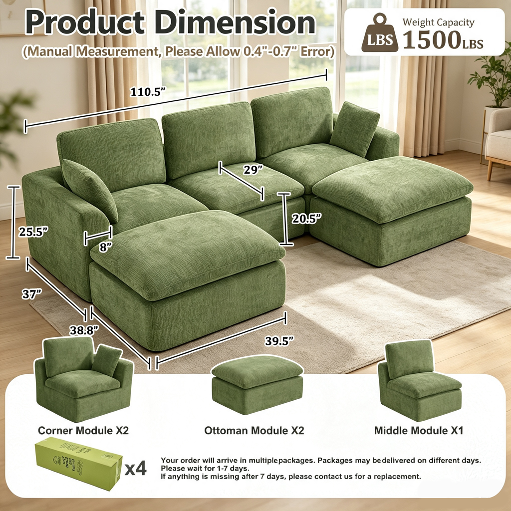 110.5" 3-Seater Cloud Sofa with 2 Movable Ottomans, Deep Seat Modular Sectional sofa with Memory Foam, Soft Chenille Fabric for Living Room, Green