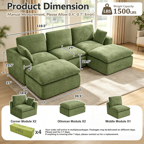 110.5" 3-Seater Cloud Sofa with 2 Movable Ottomans, Deep Seat Modular Sectional sofa with Memory Foam, Soft Chenille Fabric for Living Room, Green