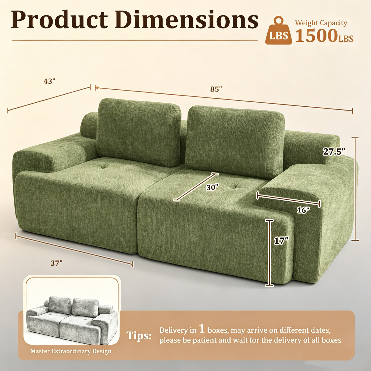 85" Loveseat Cloud Modular Sofa, High Back & Extra Deep Seat, No Assembly Required Soft Chenille, 2 Seat,Green