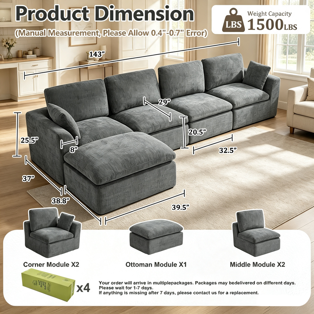 143" 4-Seater Cloud Sofa with Movable Ottoman, Deep Seat Modelar Sectional Sofa with Memory Foam, Soft Chenille Fabric, Plush Comfy Sofa for Living Room, Dark Gray